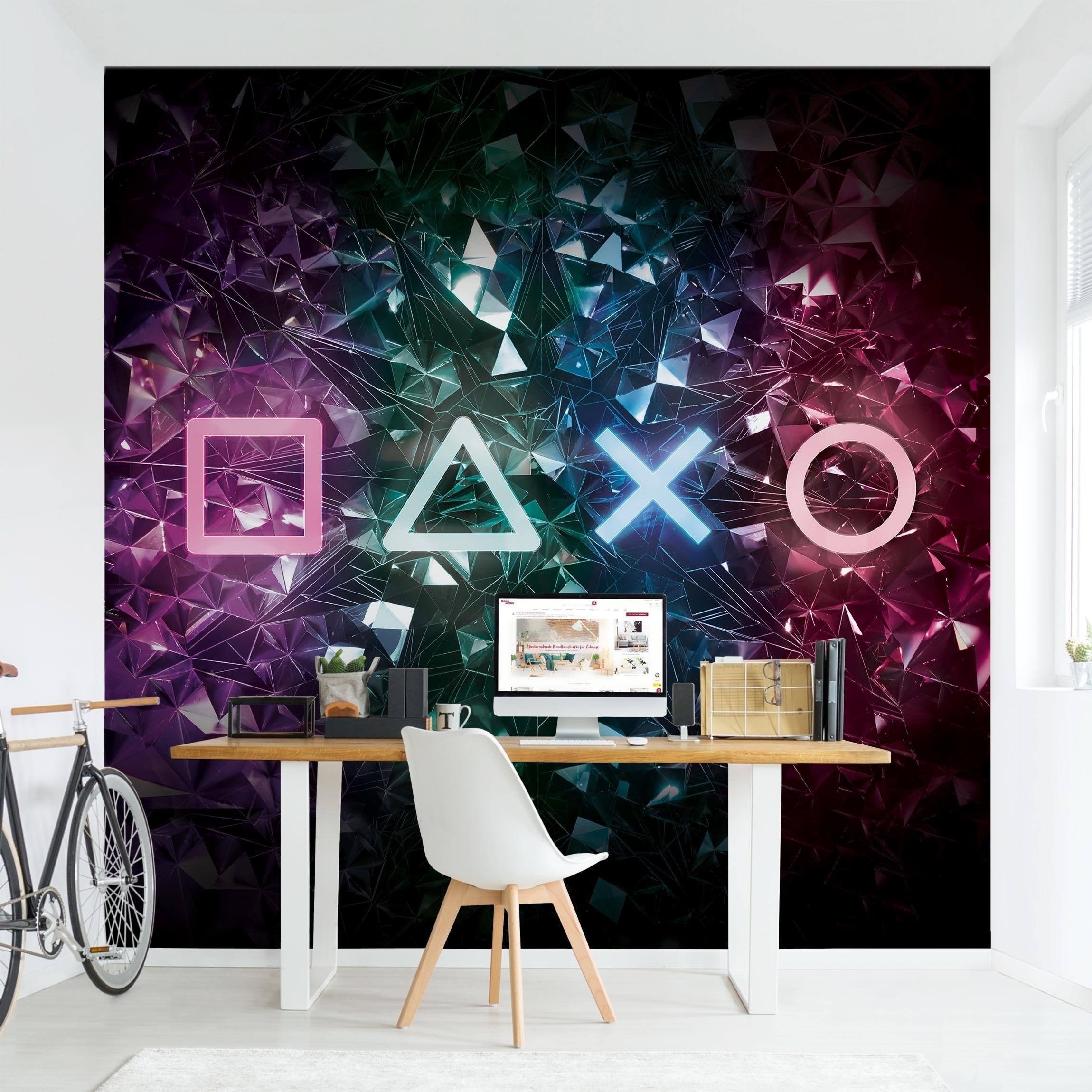 Bilderdepot24 Fototapete Controller Kristallen Neon Art Gamer bunt moderne Wanddeko XXL, Glatt, Matt, (Vliestapete inkl. Kleister oder selbstklebend), Jugendzimmer Gaming Zimmer Tapete Wohnzimmer Vliestapete Wandtapete