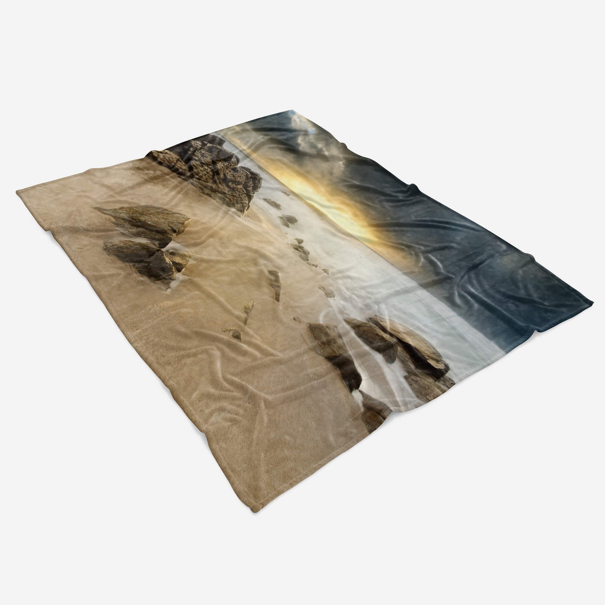 Kuscheldecke (1-St), Art Handtücher Fotomotiv Sonn, mit Strand Saunatuch Sinus Handtuch Baumwolle-Polyester-Mix Felsen Handtuch Strandhandtuch