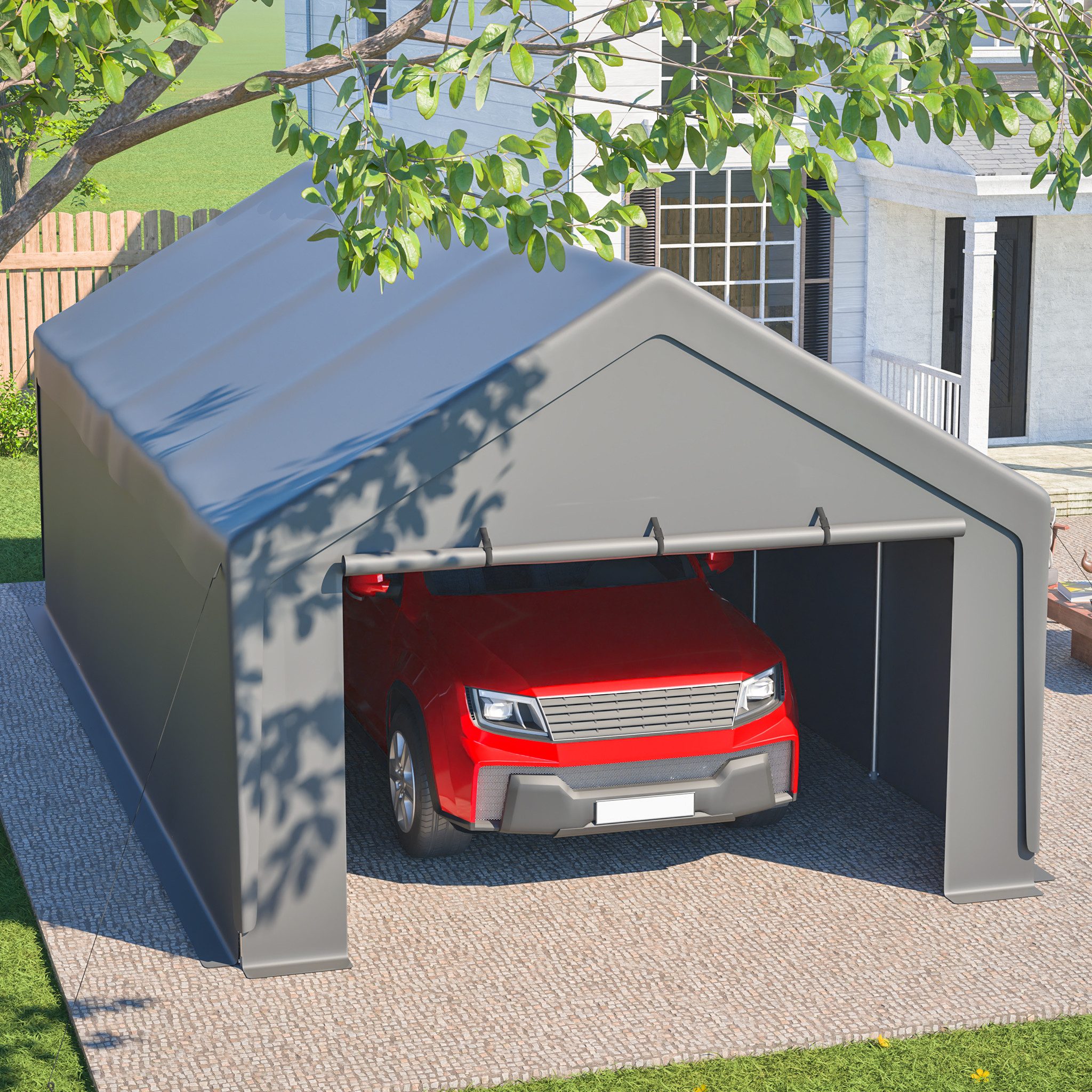 CHICFURN Einzelcarport Carport Garage Zelt mit Fenster und Schutzabdeckung, BxT: 400x765 cm, 192 cm Einfahrtshöhe, (Packung, 1 St), 4 x 7,65 m, Grau, mit abnehmbaren Seitenwänden und Dach