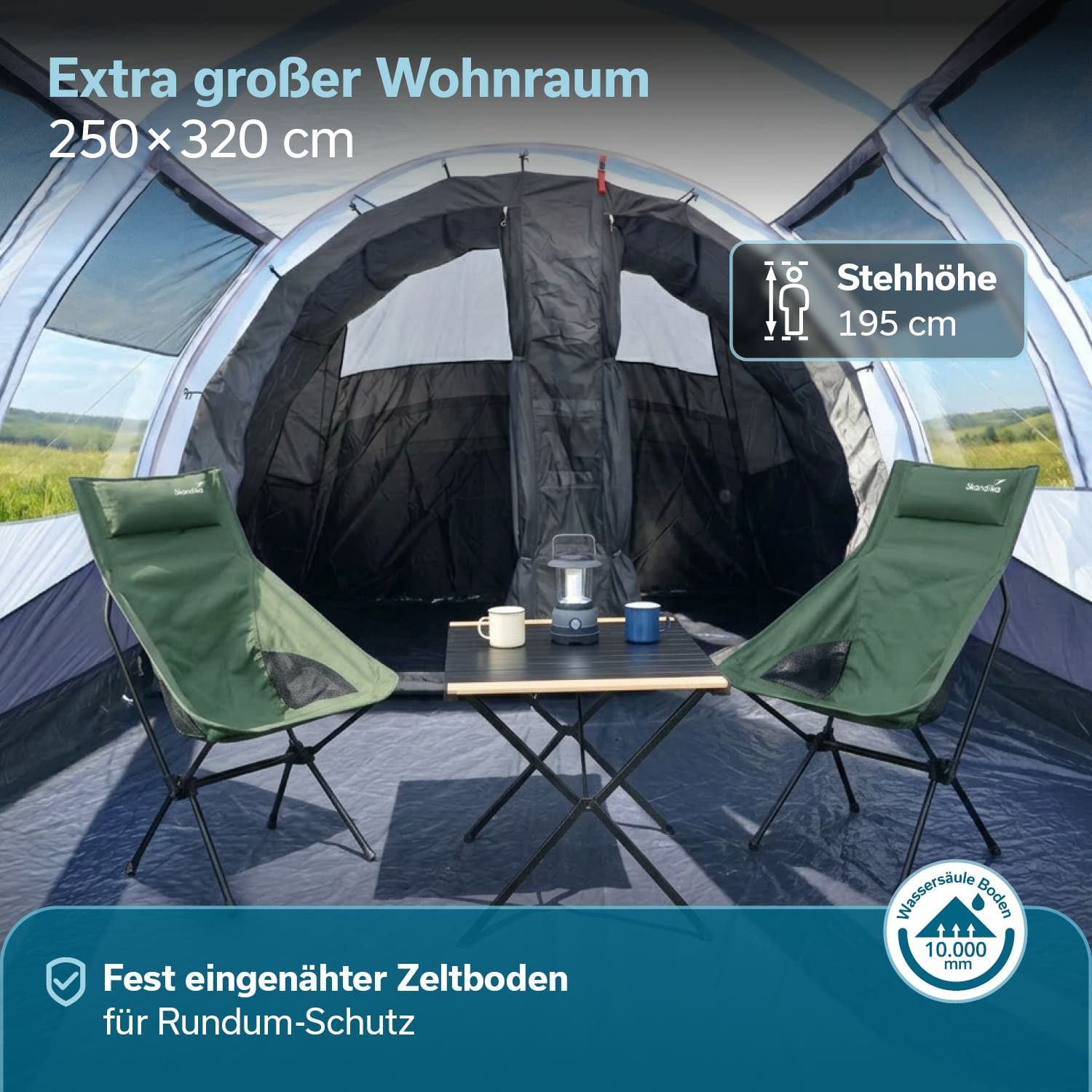 Skandika Tunnelzelt Campingzelt Isken 5 Protect - schwarze Schlafkabine - UPF 50+, Personen: 5 (3000 mm Wassersäule, Canopy, Organizer-Taschen in der Kabine, UPF 50), Moskitonetz an der Eingangstür, an den Fenster und der Kabinentür