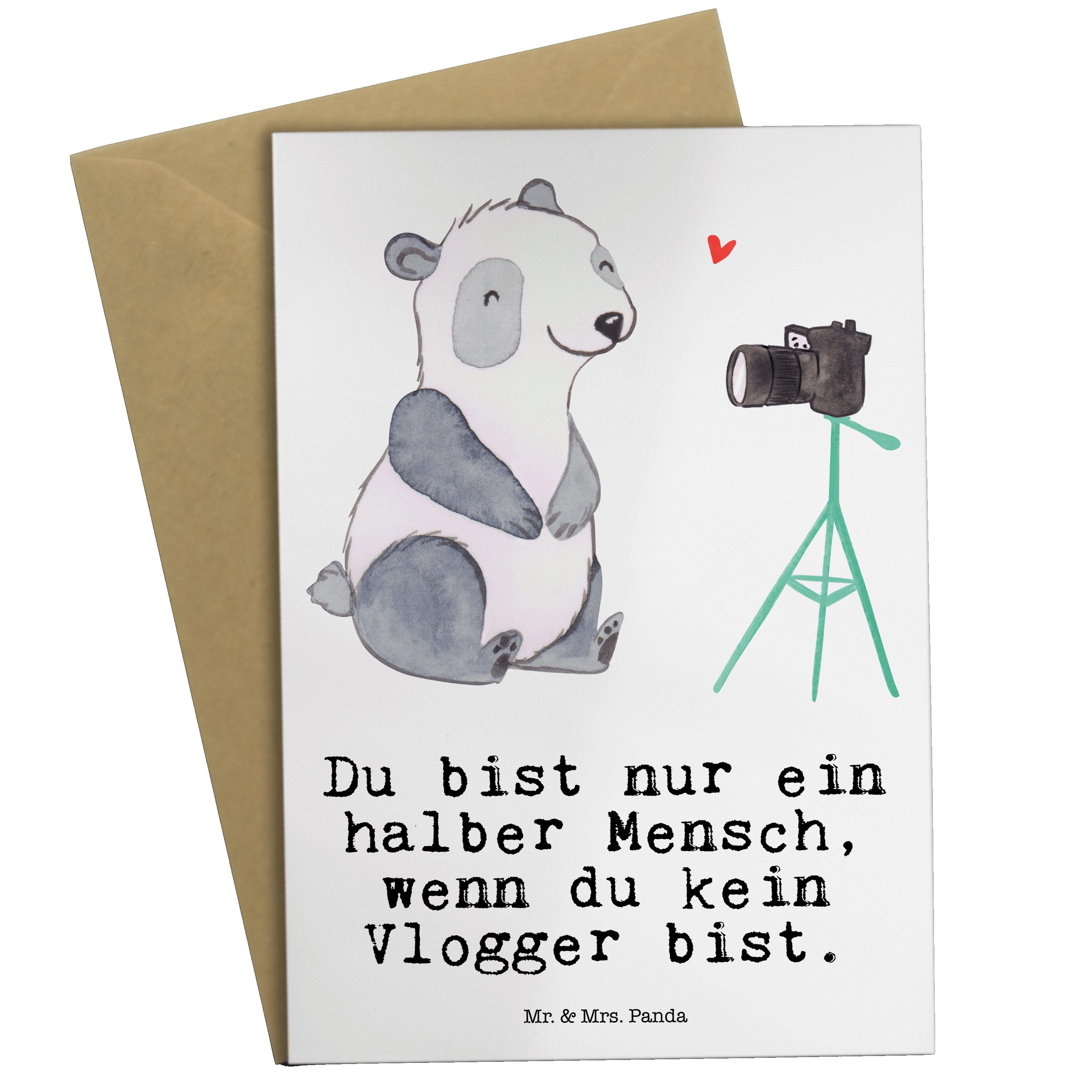Mr. & Mrs. Panda Grußkarte Vlogger mit Herz - Weiß - Geschenk, Firma, Hochzeitskarte, Danke, Glü
