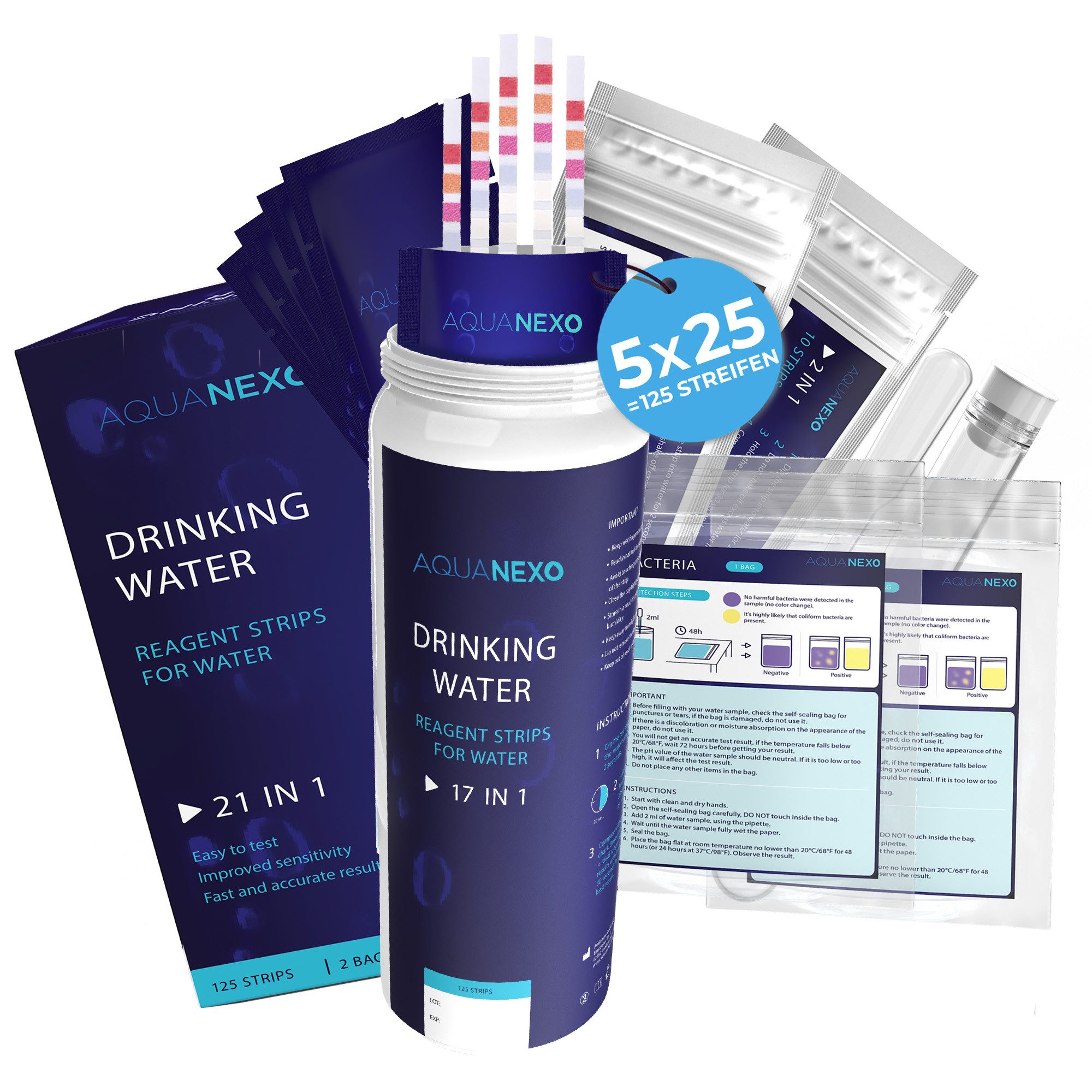 AquaNexo Trinkwassertest Teststreifen 125 st. 21in1 Bakterientest,10 Nitrat und 10 Sulfate Test