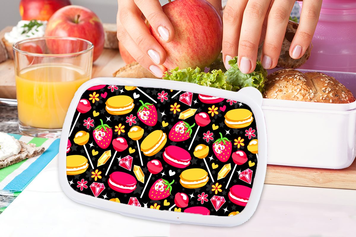 für - Jungs für Mädchen MuchoWow Brotbox Muster Kinder Lunchbox Süßigkeiten und - weiß (2-tlg), Brotdose, Erdbeere, Erwachsene, Kunststoff, und