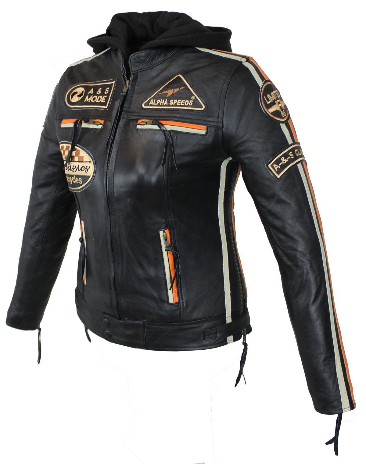 Alpha Speeds Bikerjacke Damen Leder Jacke Biker Freizeit Highway Jacke Orange & Beige aus weichem Lammleder, mit Protektoren & Kapuze