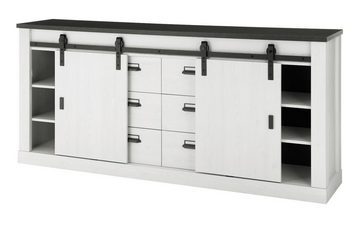 Furn.Design Sideboard Stove (Kommode in Pinie weiß Landhaus, 201 x 91 cm), 6 Schubladen mit Soft-Close, mit Scheunentorbeschlag