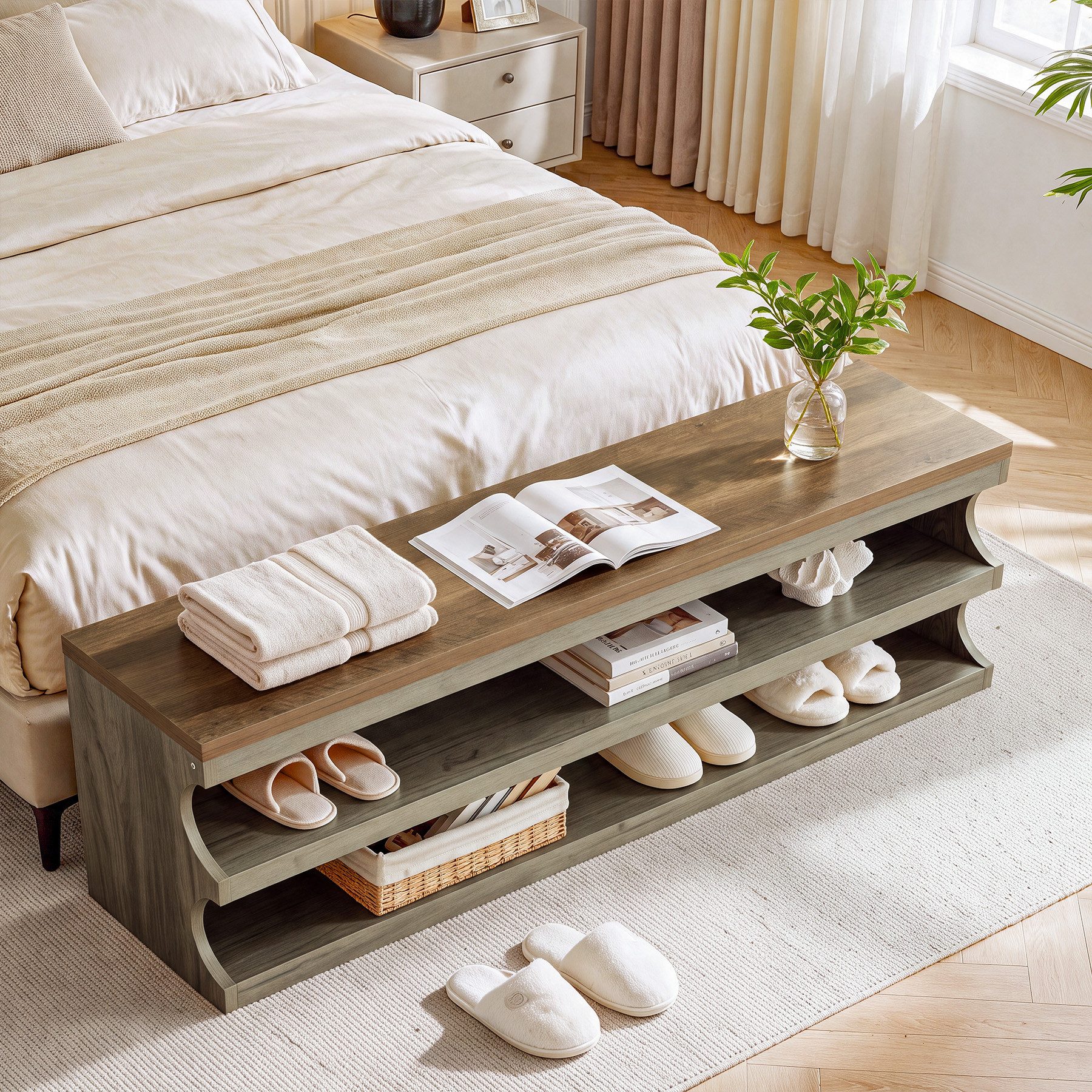Tribesigns Schuhbank 140 cm Sitzbänke mit 3 Ebenen, Eingangsbank im Landhausstil (Bettfuß mit Stauraum für Eingangsbereich, Flur, Wohnzimmer) – Bild 4 von 5