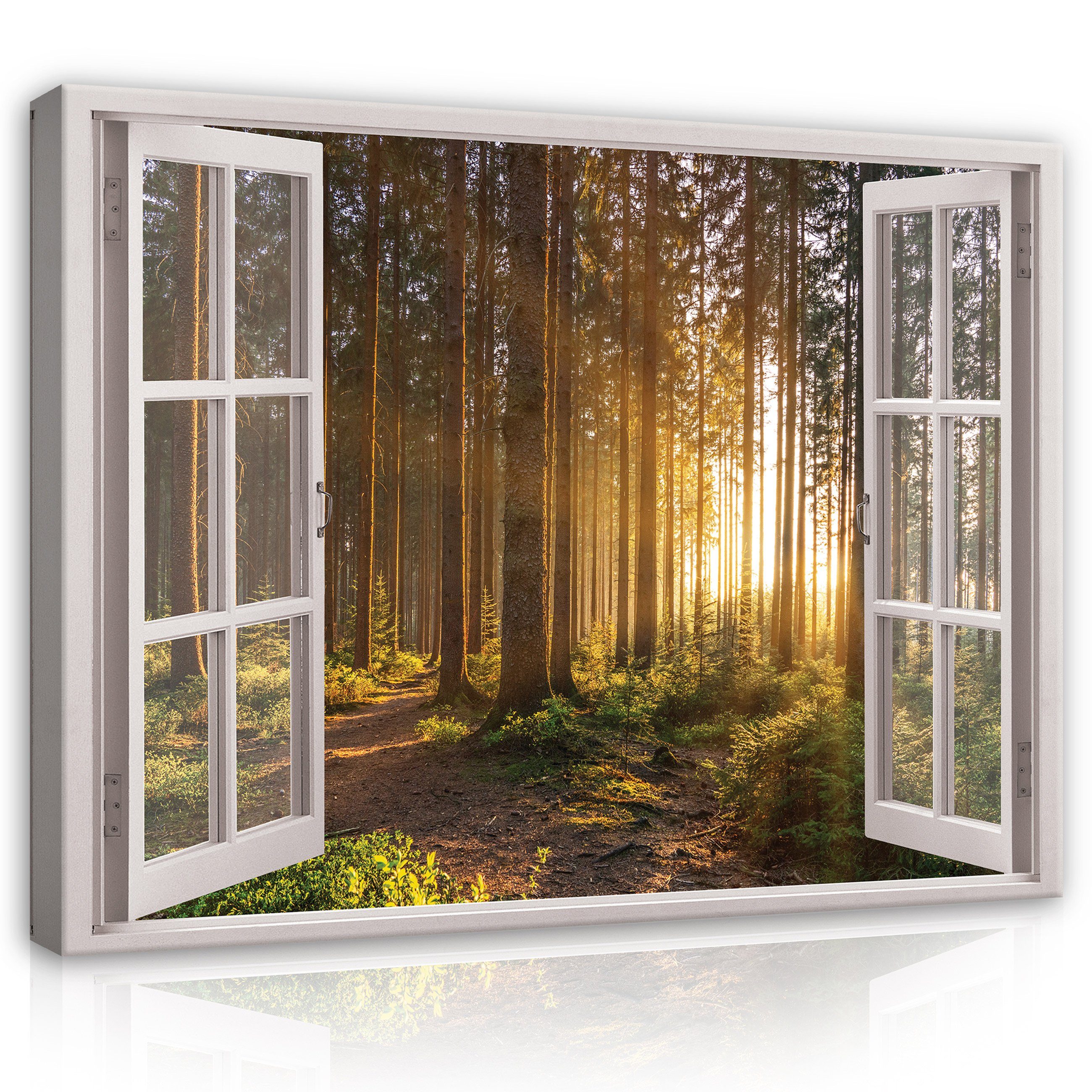 Groß (Einteilig), Wohnzimmer Bild Wandbild Wald Canvas Leinwandbild Wandbilder für Kunstdruck XXL Fensterblick Modern Aufhängefertig Sonne Fenster Natur Leinwand Auf Leinwandbilder Wallarena Schlafzimmer, Bilder