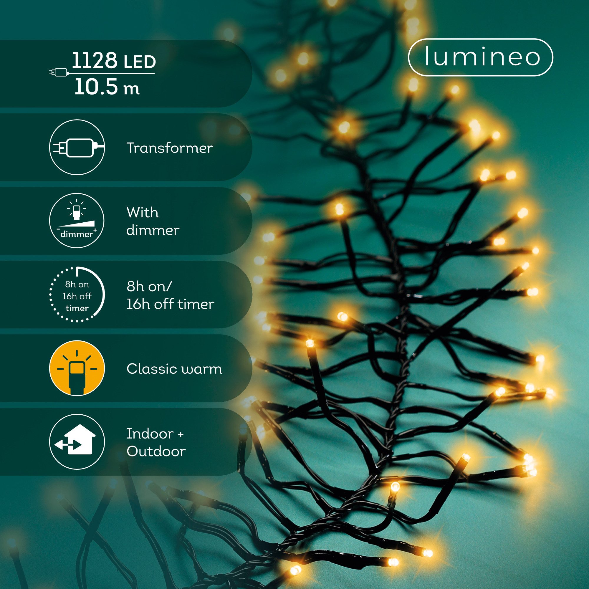 Lumineo LED-Lichterkette Lumineo Lichterkette CLUSTER 1128 LED 10,5 m klassisch warm, schwarz, Indoor/Outdoor, dimmbar, 8h-Timer, + 5 m Zuleitung – Bild 2 von 5