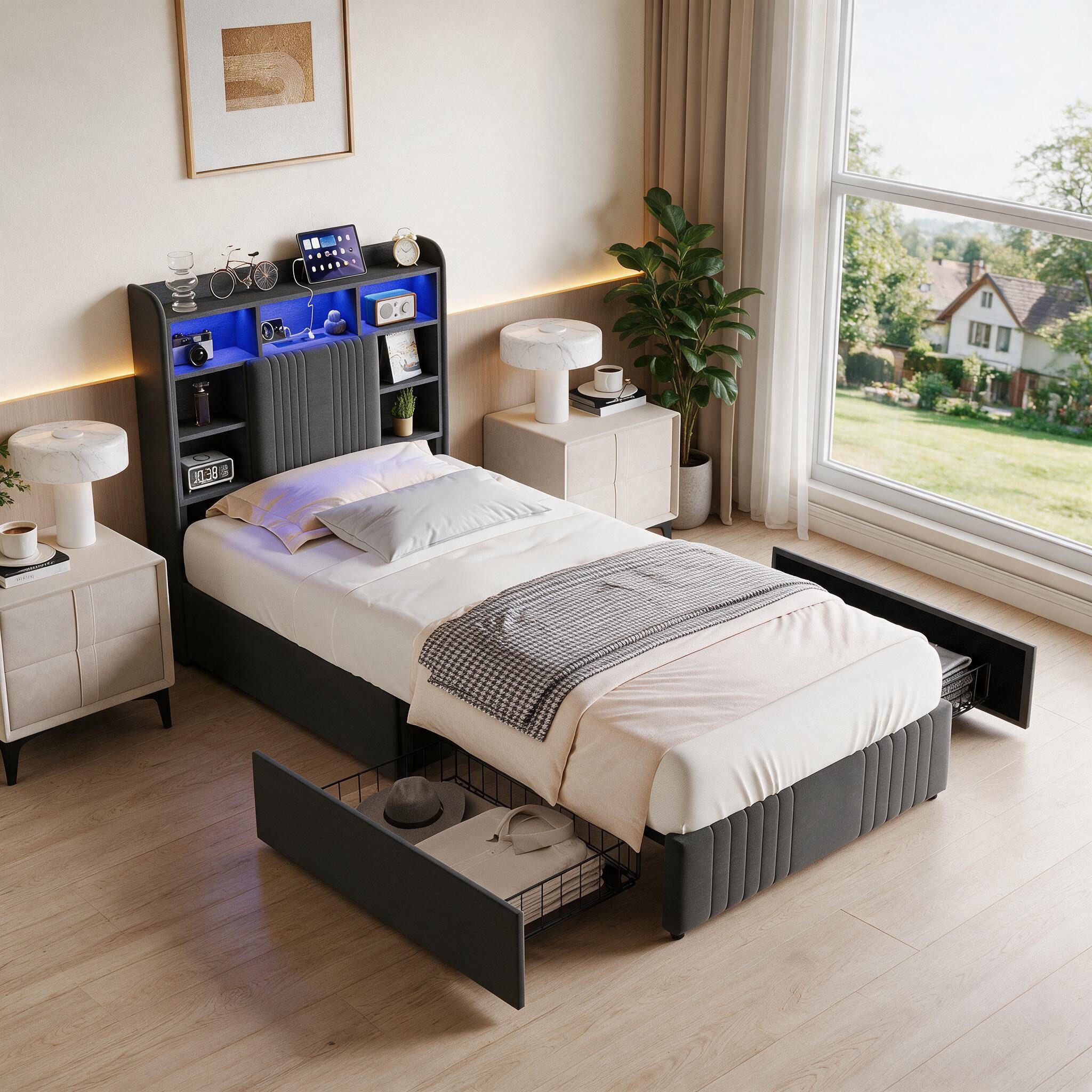 Simurq Einzelbett Polster‑Einzelbett 90x200 cm mit Stauraum‑Kopfteil, LED, USB, Leinen