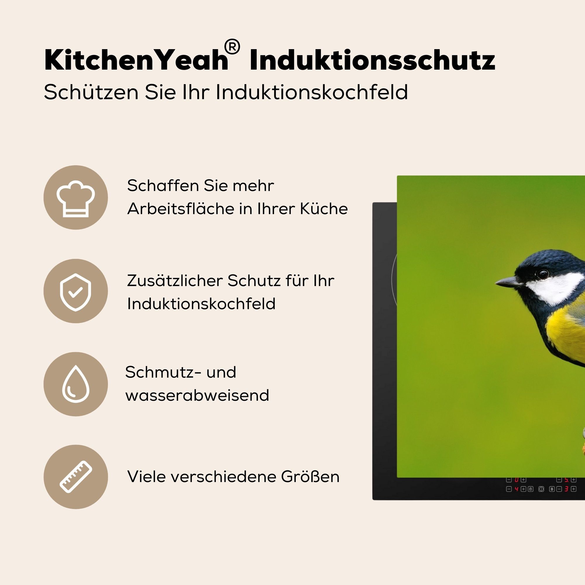 Arbeitsplatte Kohlmeise Grün, - für - (1 Herdblende-/Abdeckplatte Vinyl, Ceranfeldabdeckung, küche tlg), MuchoWow - Tiere Vogel 81x52 cm,