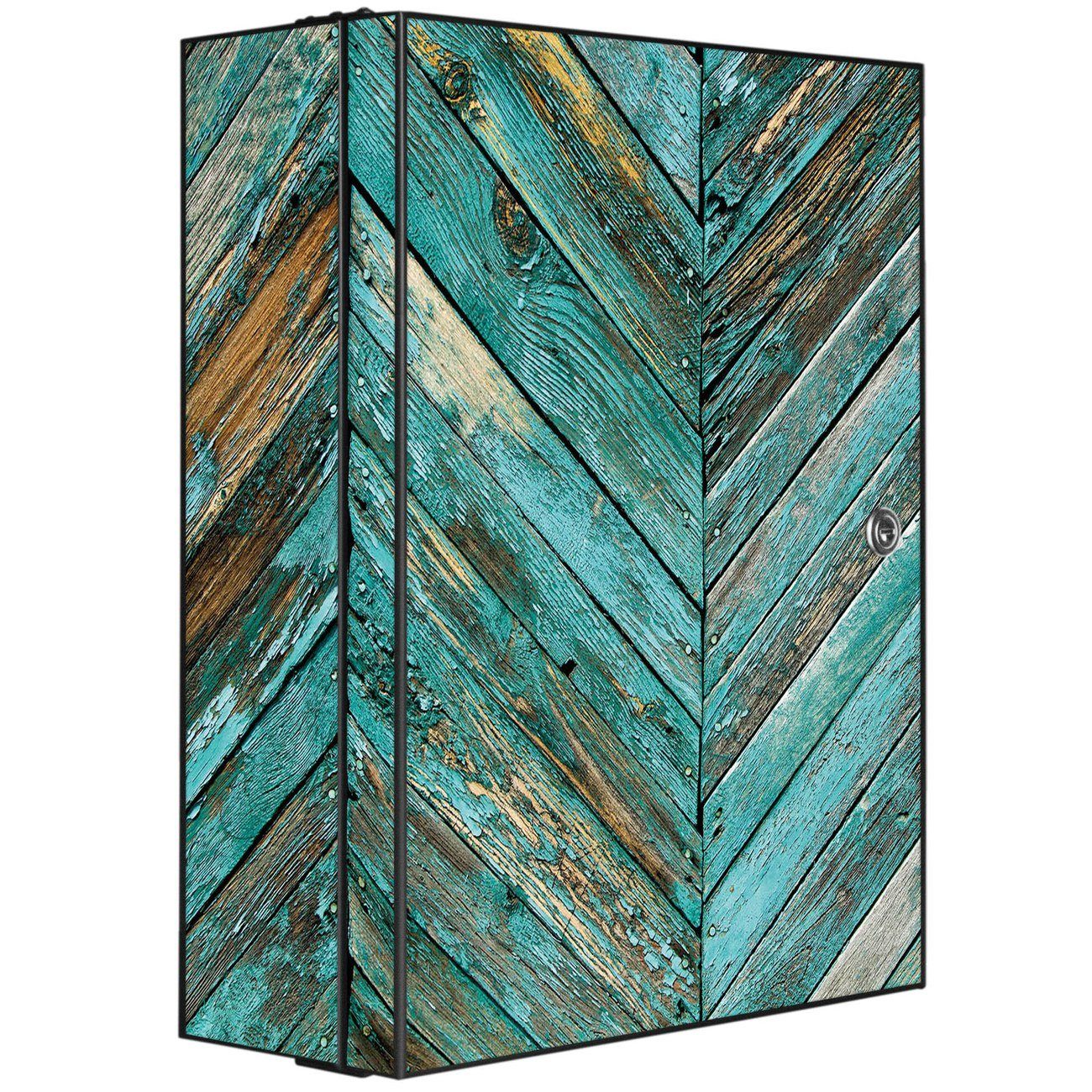 banjado Medizinschrank Stahl Altes Holz Blau (abschließbar, 3 große und 2 kleine Fächer) 35 x 46 x 15cm