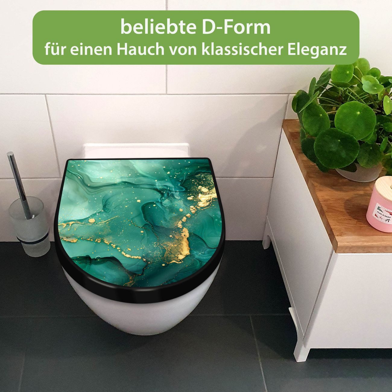 banjado WC-Sitz Premium D-Form mit Absenkautomatik Motiv Grüner Marmor mit Gold 1 (umweltfreundliches Material, Softclose Absenkautomatik), 45 x 36,4 x 4