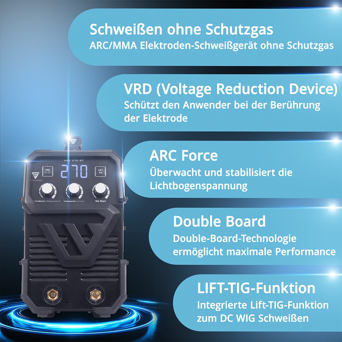 STAHLWERK Inverterschweißgerät Elektroden-Schweißgerät ARC 270 ST - DC Vollausstattung Gerätewagen, 30 - 270 A, Packung}, 5-tlg., Vollausstattung, Echte 270 Ampere & höchste Effizienz durch 400V Dreiphasenwechselstrom