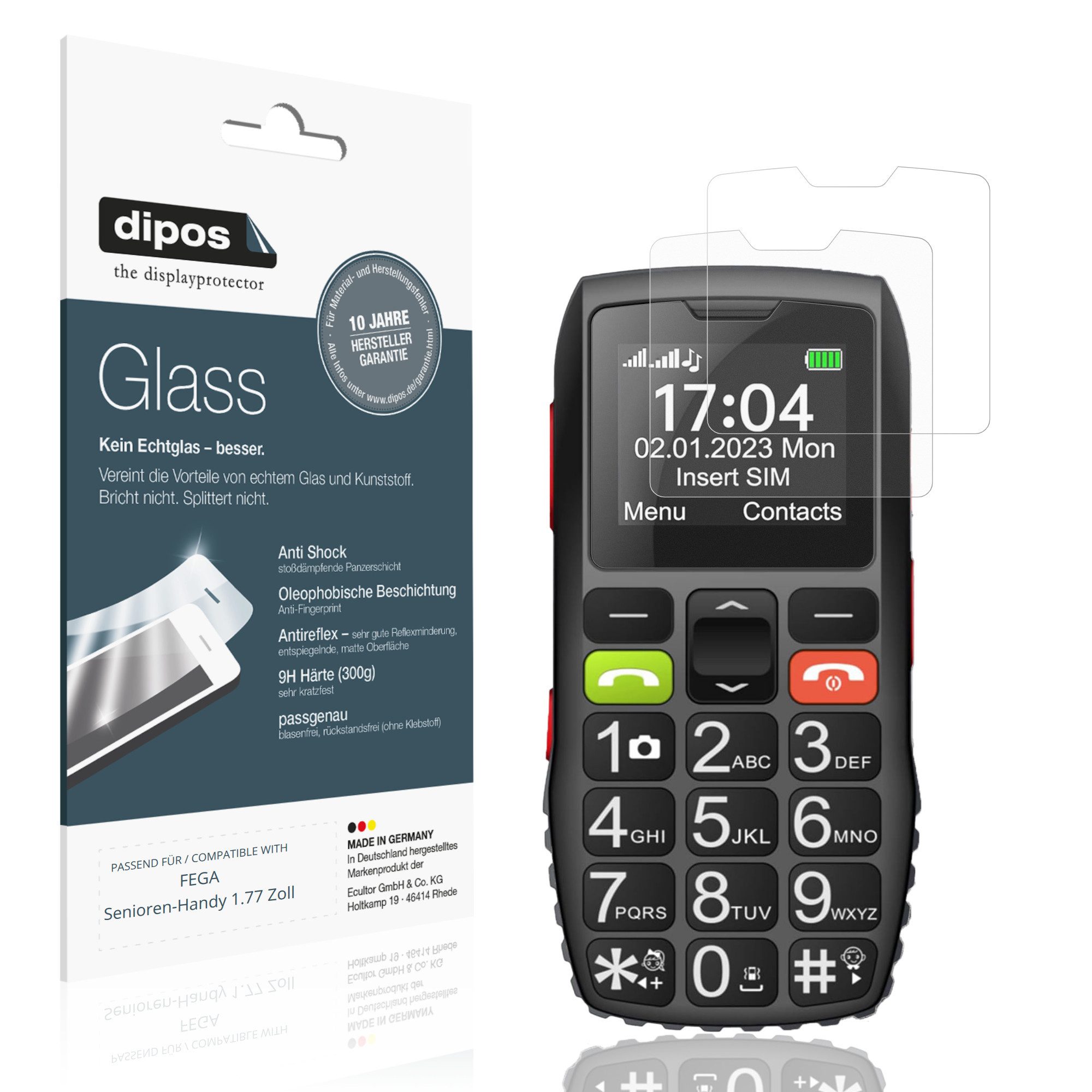 dipos Displayschutzfolie Schutzfolie für FEGA Senioren-Handy 1.77 Zoll, 2 Stück, Displayschutz Schutz Folie Made in Germany