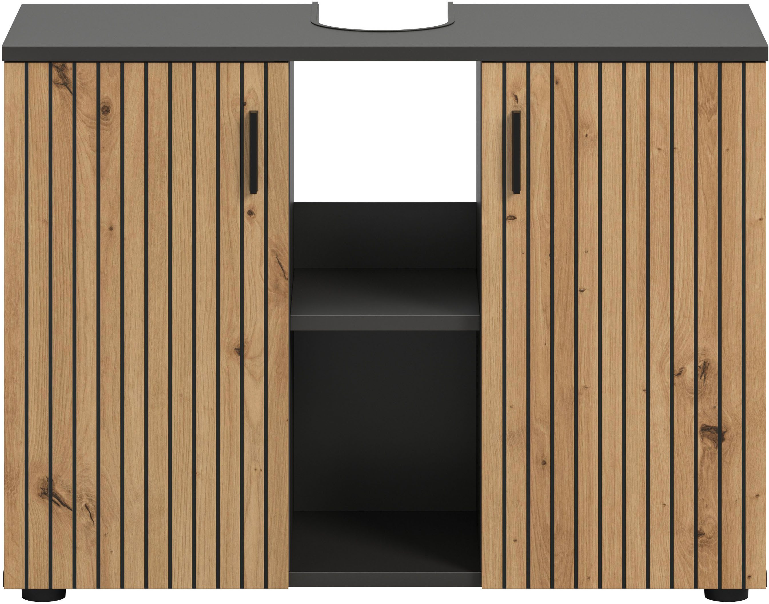 welltime Waschbeckenunterschrank MANI, Paneeloptik, 2 offene Fächer, Siphonausschnitt (1-St) WBU, Waschbeckenunterschrank, Unterschrank, Badschrank, Badezimmer
