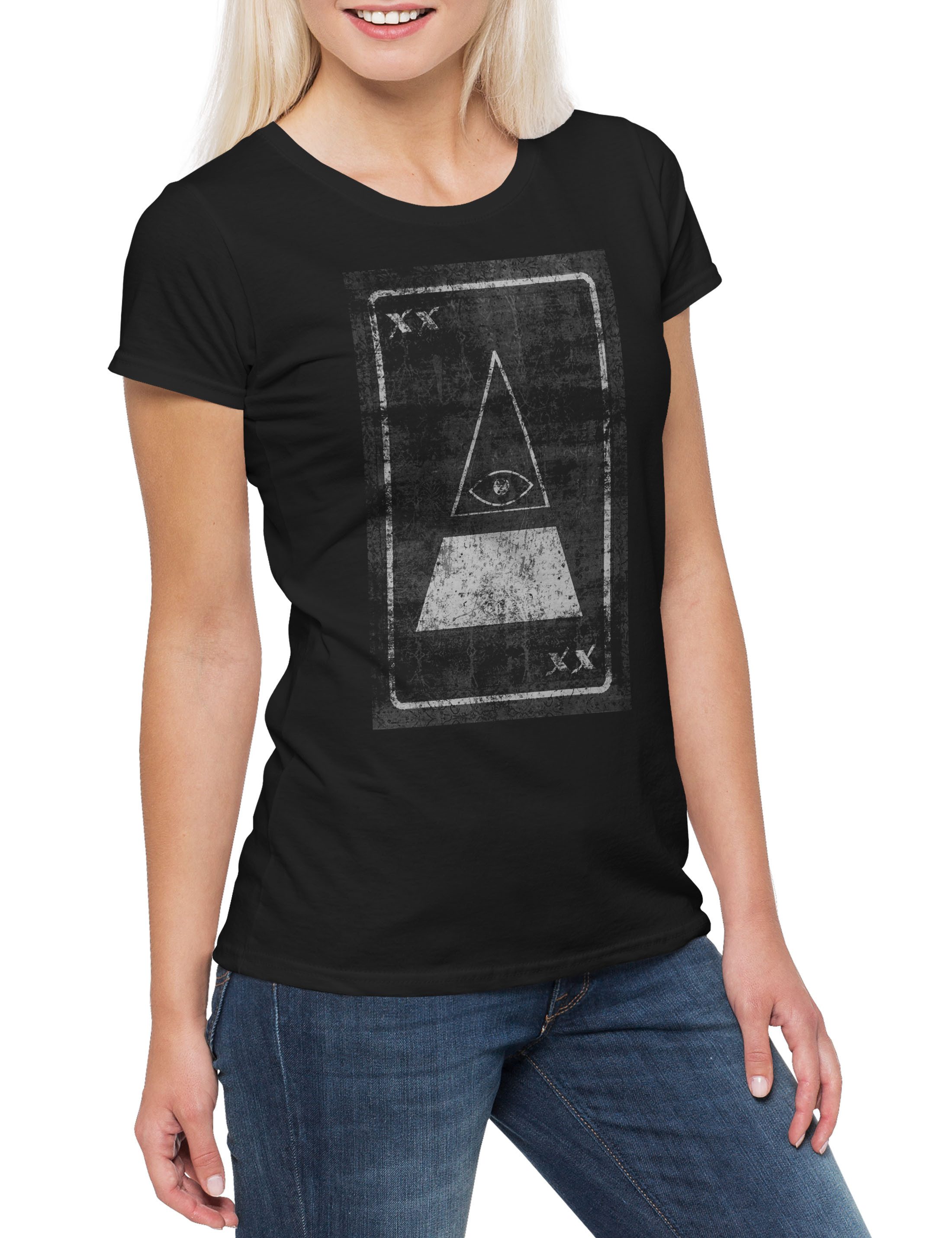 Print-Shirt Tarot The Eye of Illuminati Damen T-Shirt Tarot Karte Karten Card Auge