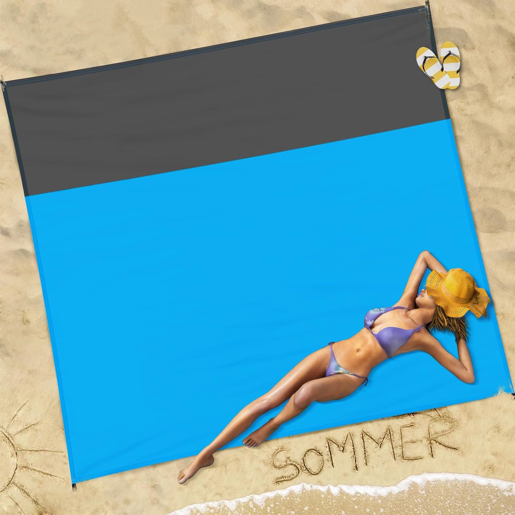 Picknickdecke Campingdecke,Strandmatte,Stranddecke Sandfrei,210 x 200 cm,Wasserdicht, Mutig, Strandtuch 4 Befestigung Ecken für den Strand,Wandern,Campen & Outdoor