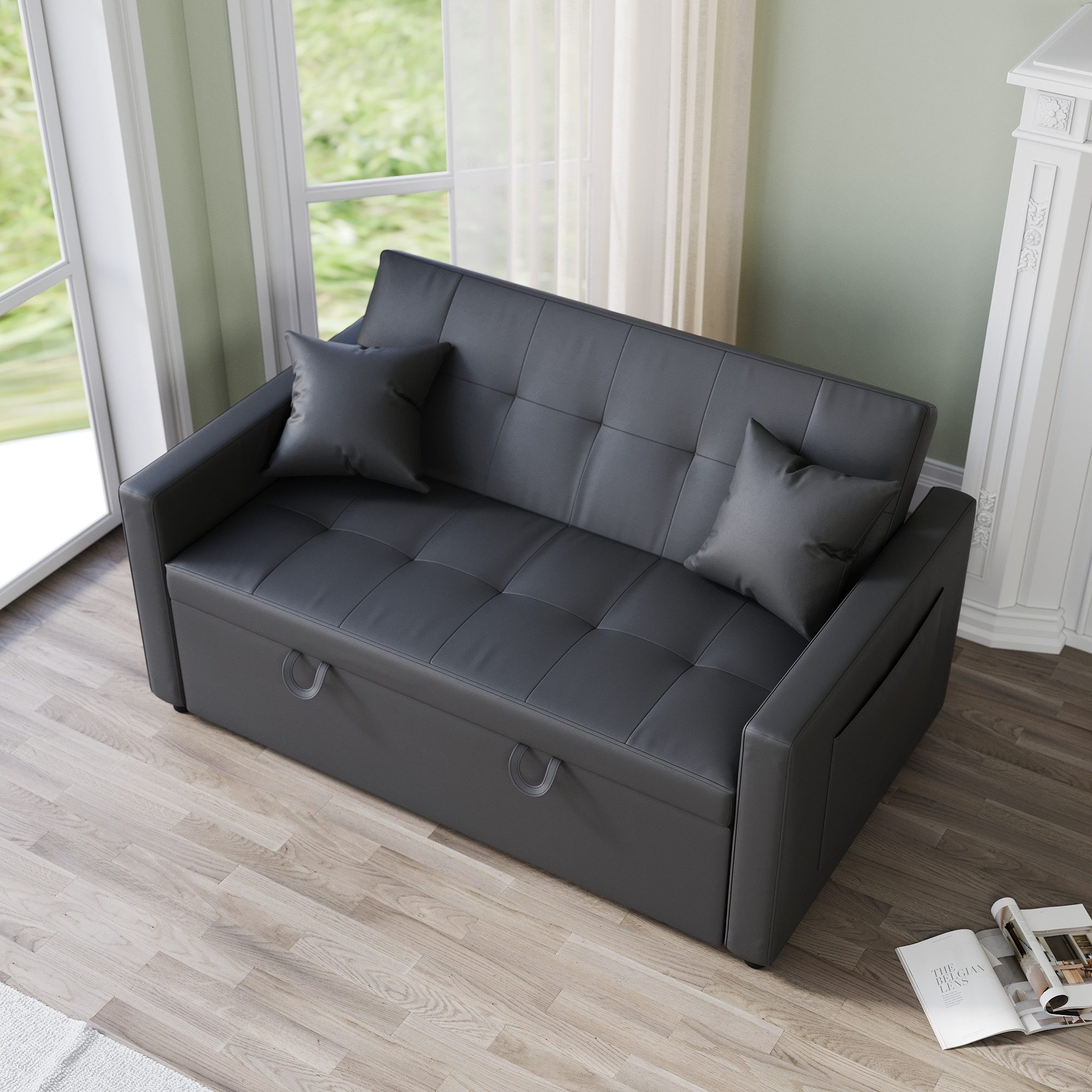 SONNI Schlafsofa Klappbares Sofabett 2-in-1 mit Katzenleder Sofa Bettcouch, mit Schlaffunktion, 3 Verstellbare Winkel, Couch mit 2 Kissen – Bild 4 von 5