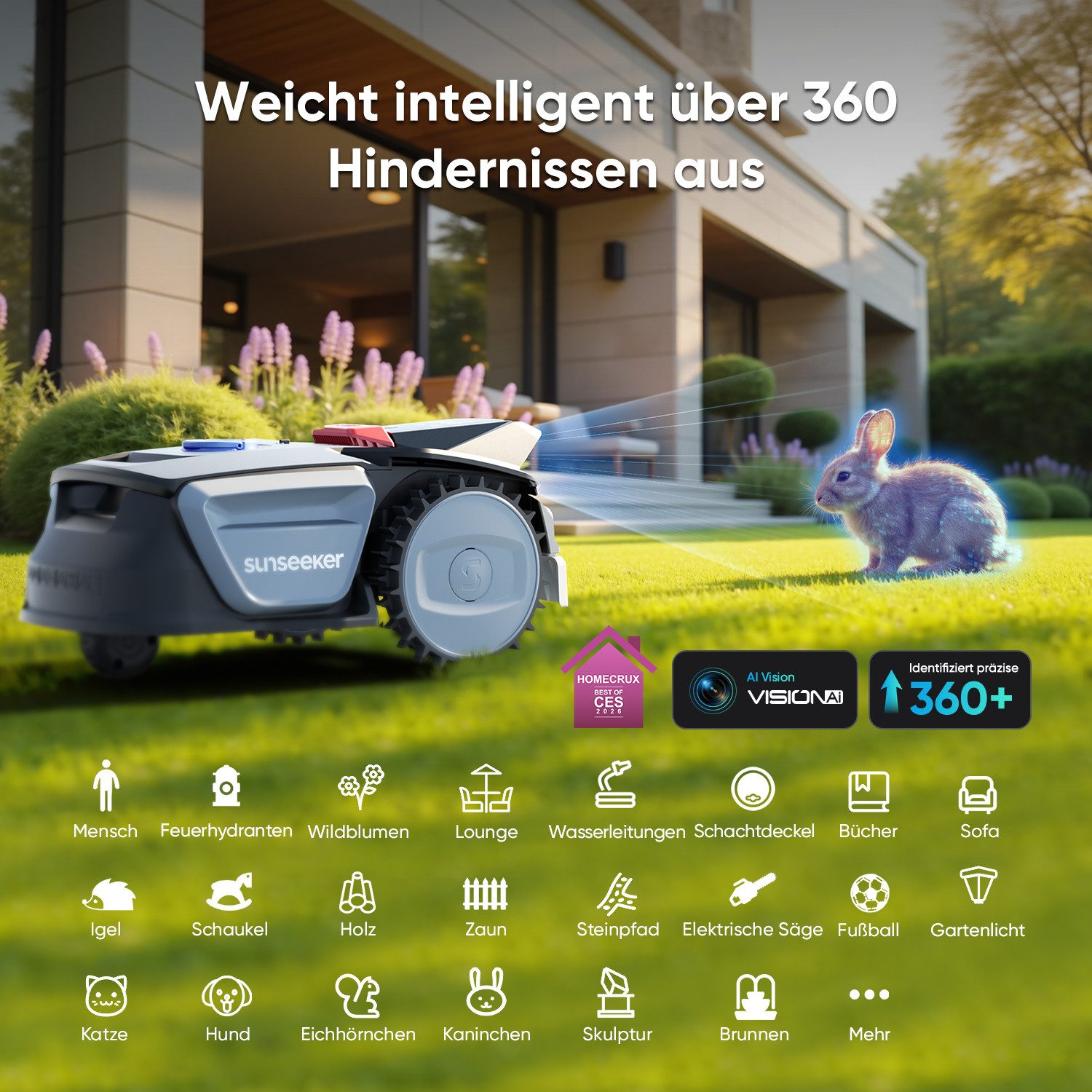 Sunseeker Rasenmähroboter V1, bis 300 m² Rasenfläche, (Packung), Ein-Klick-Mähen, Vision AI, 27% Steigung, 55 dB, App-Steuerung