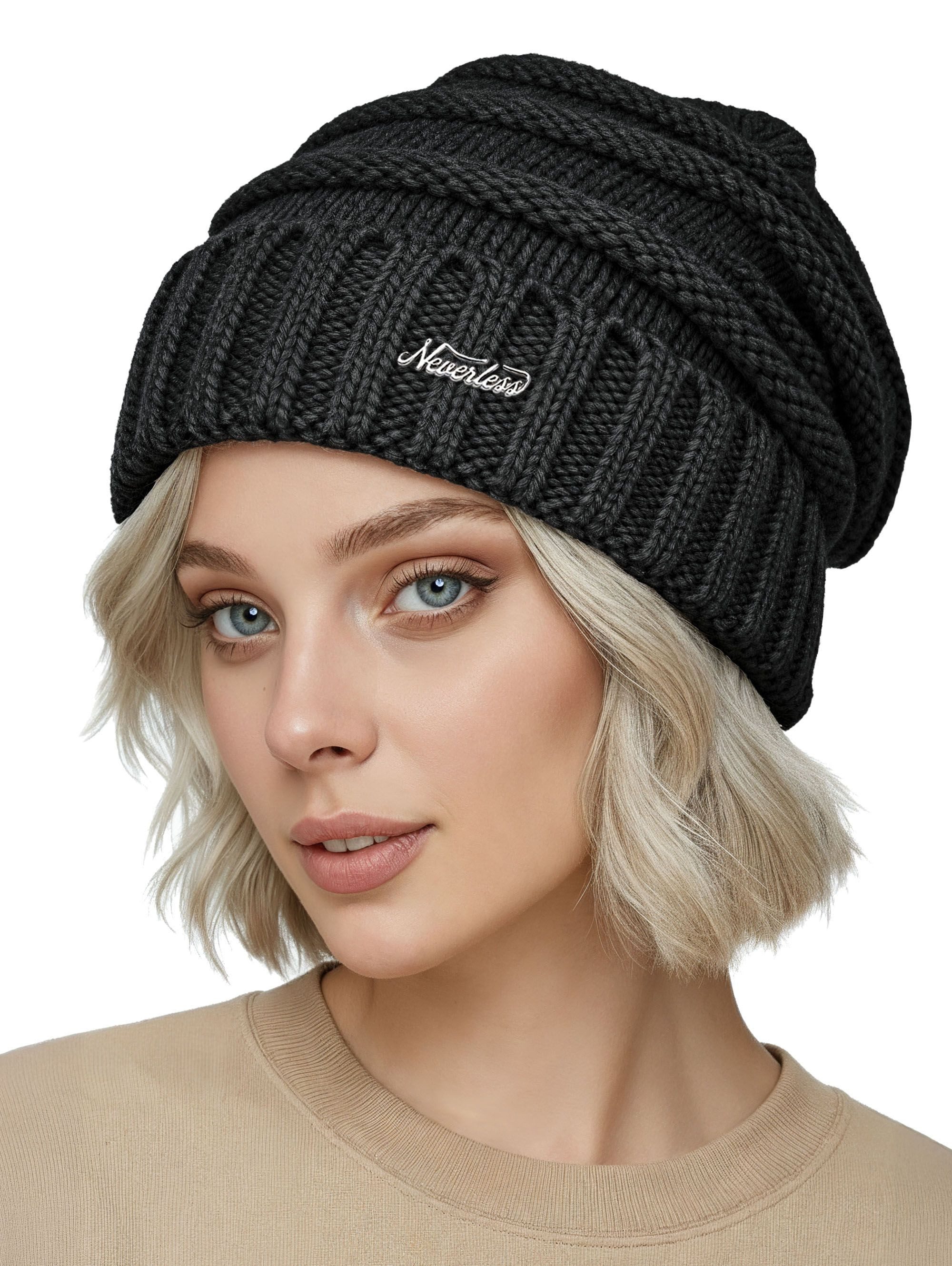 Neverless Strickmütze Damen Strickbeanie Slouchy Strickmütze ohne Bommel Wintermütze