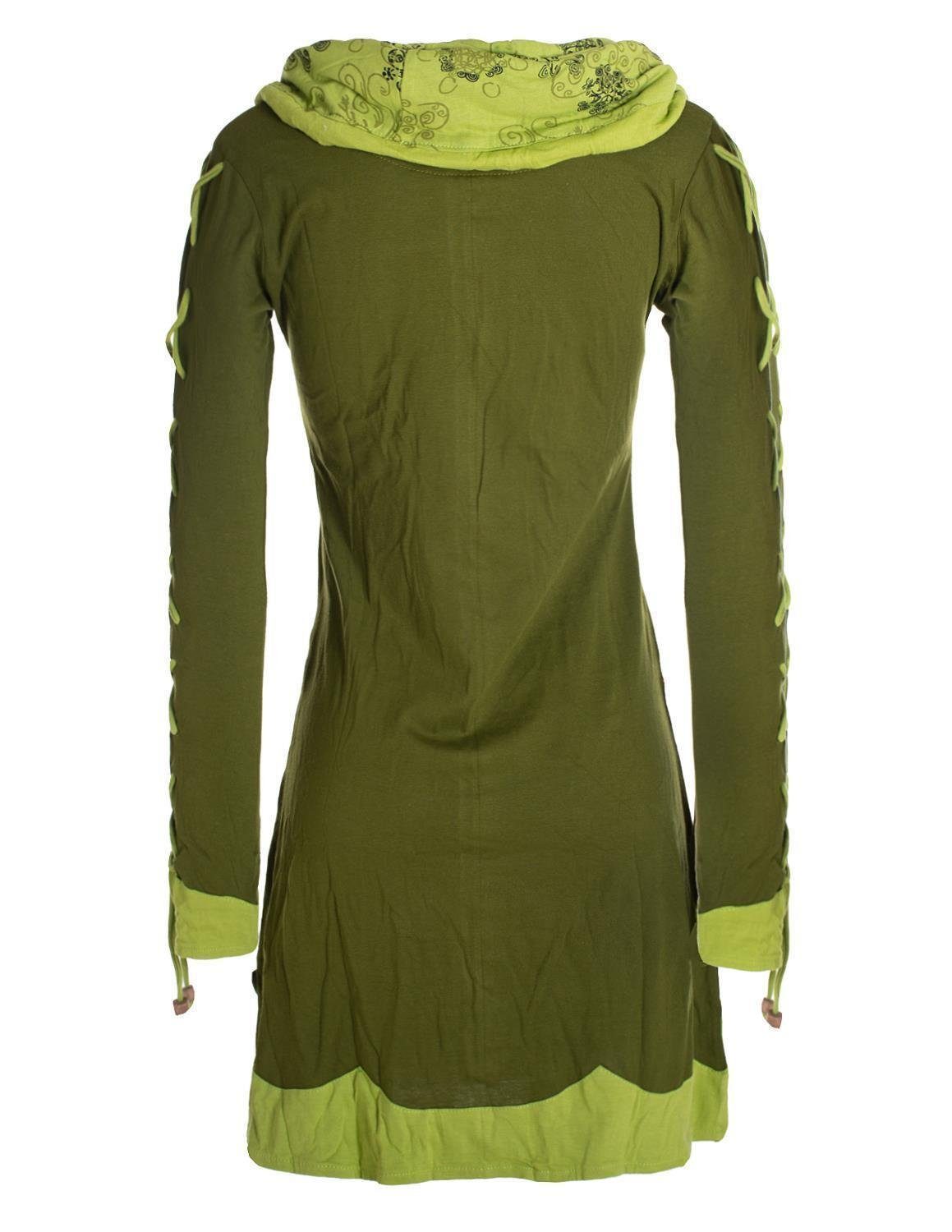 Vishes Jerseykleid Blumenkleid Style mit Langarm-Shirtkleid Hippie, olive Elfen Boho, Schalkragen