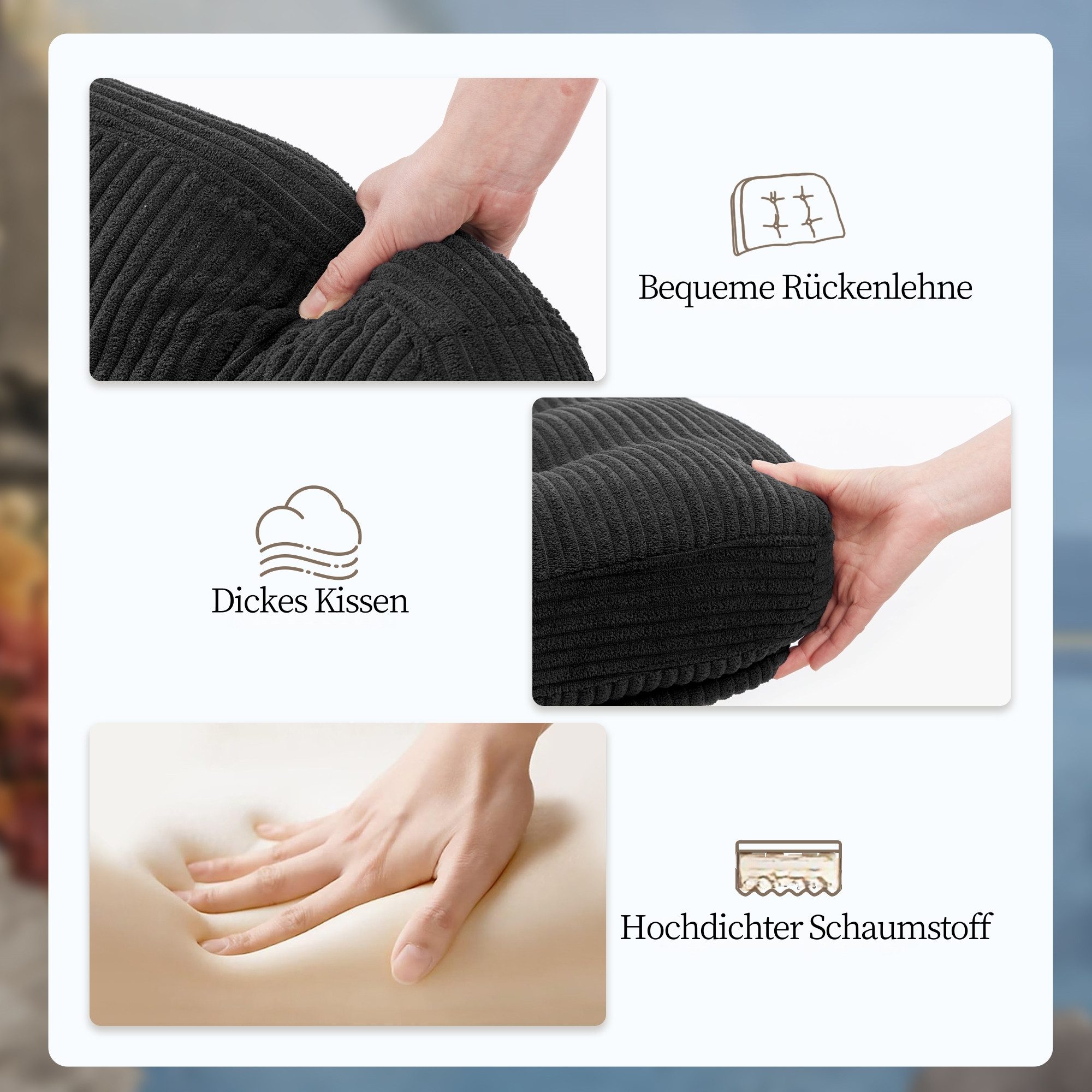 IWMH Chefsessel Dick Schreibtischstuhl mit Rollen, Cordstoff Bürostuhl ohne Armlehnen (Lesesessel mit 15cm dickem Sitzkissen), Höhenverstellbar Drehstuhl für Schlafzimmer Wohnzimmer Schminktisch