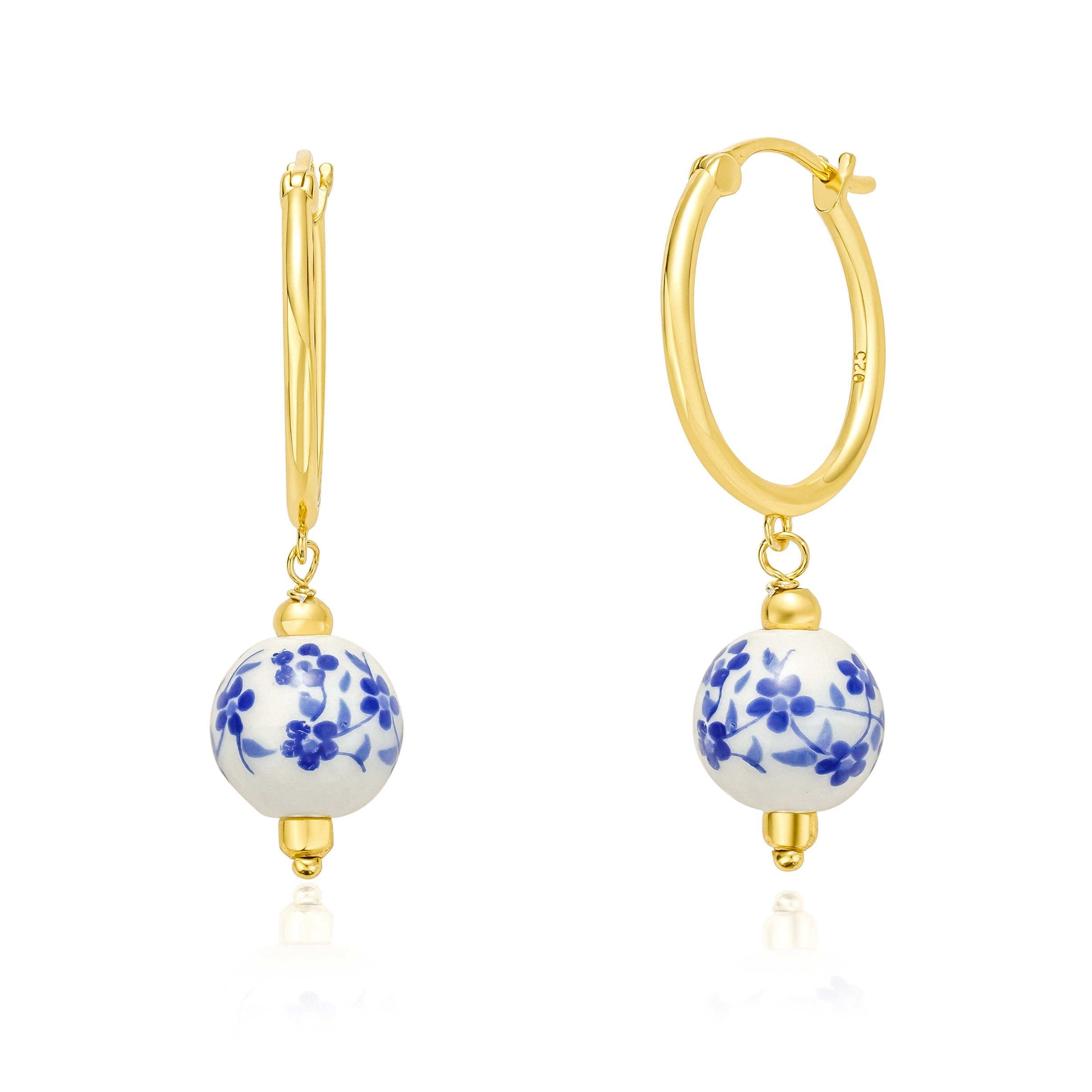 Brandlinger Paar Ohrhänger Ohrringe Nantes, mit Anhänger Keramik Perle,  Blüten blau weiß