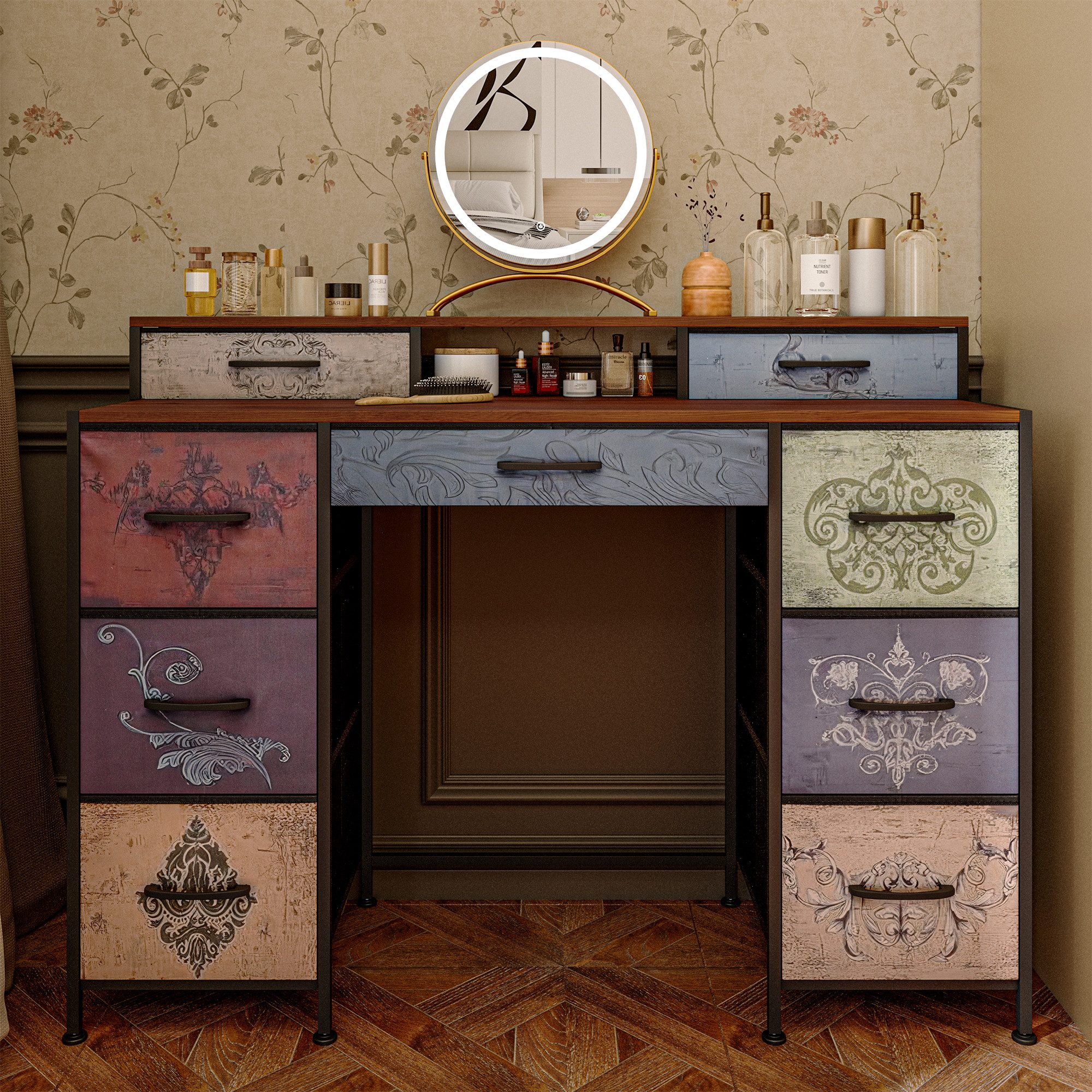 Yelenaro Schminktisch Frisiertisch Mit 9 Schubladen Kosmetiktisch Kommode - Metallrahmen (Set, 1-St), 121x40x91.2 cm,mit Kippschutzvorrichtung,Bedruckte Schubla – Bild 2 von 5