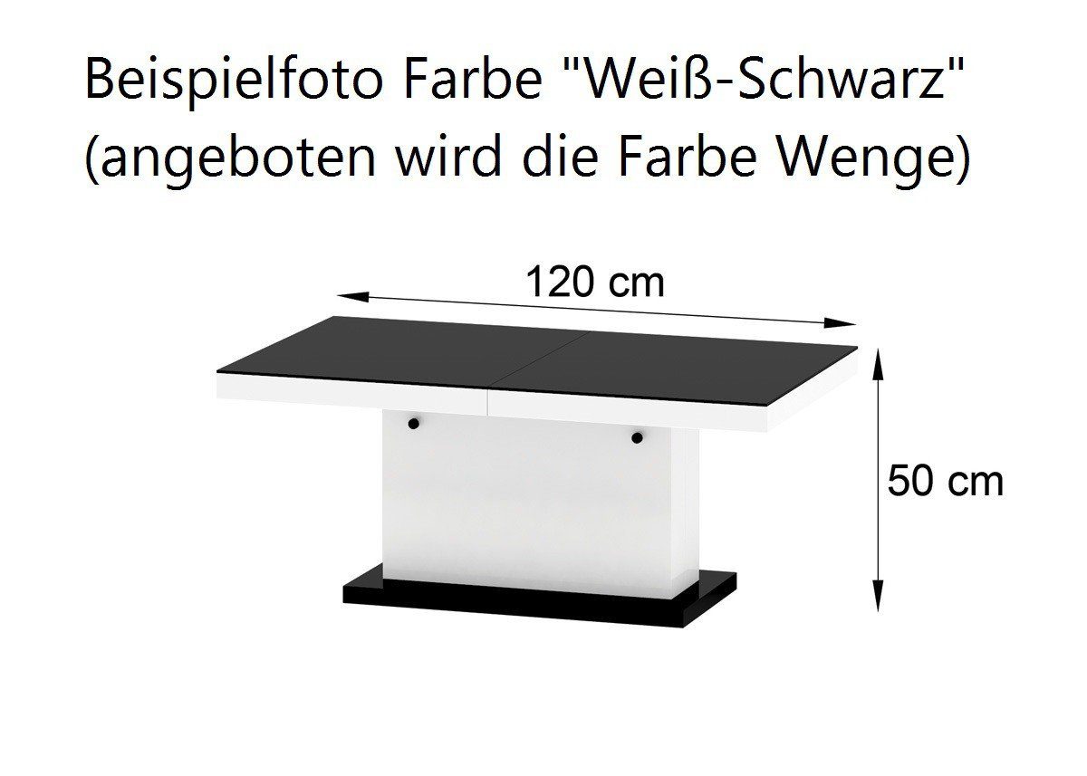 designimpex Couchtisch H-333 Eiche Hochglanz höhenverstellbar Schwarz ausziehbar - Natur