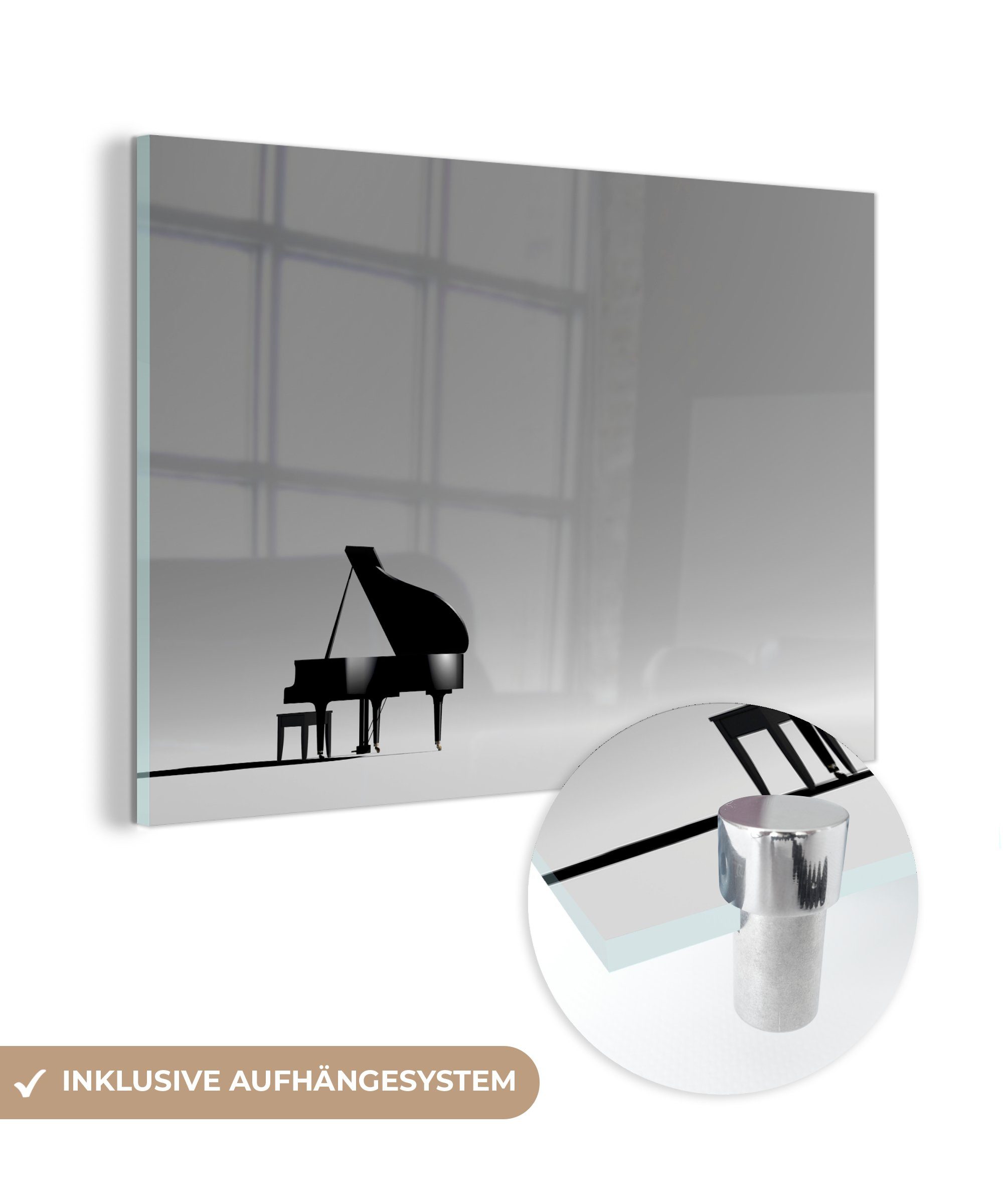 MuchoWow Acrylglasbild Ein Klavier in einem grauen Raum, (1 St), Acrylglasbilder Wohnzimmer & Schlafzimmer