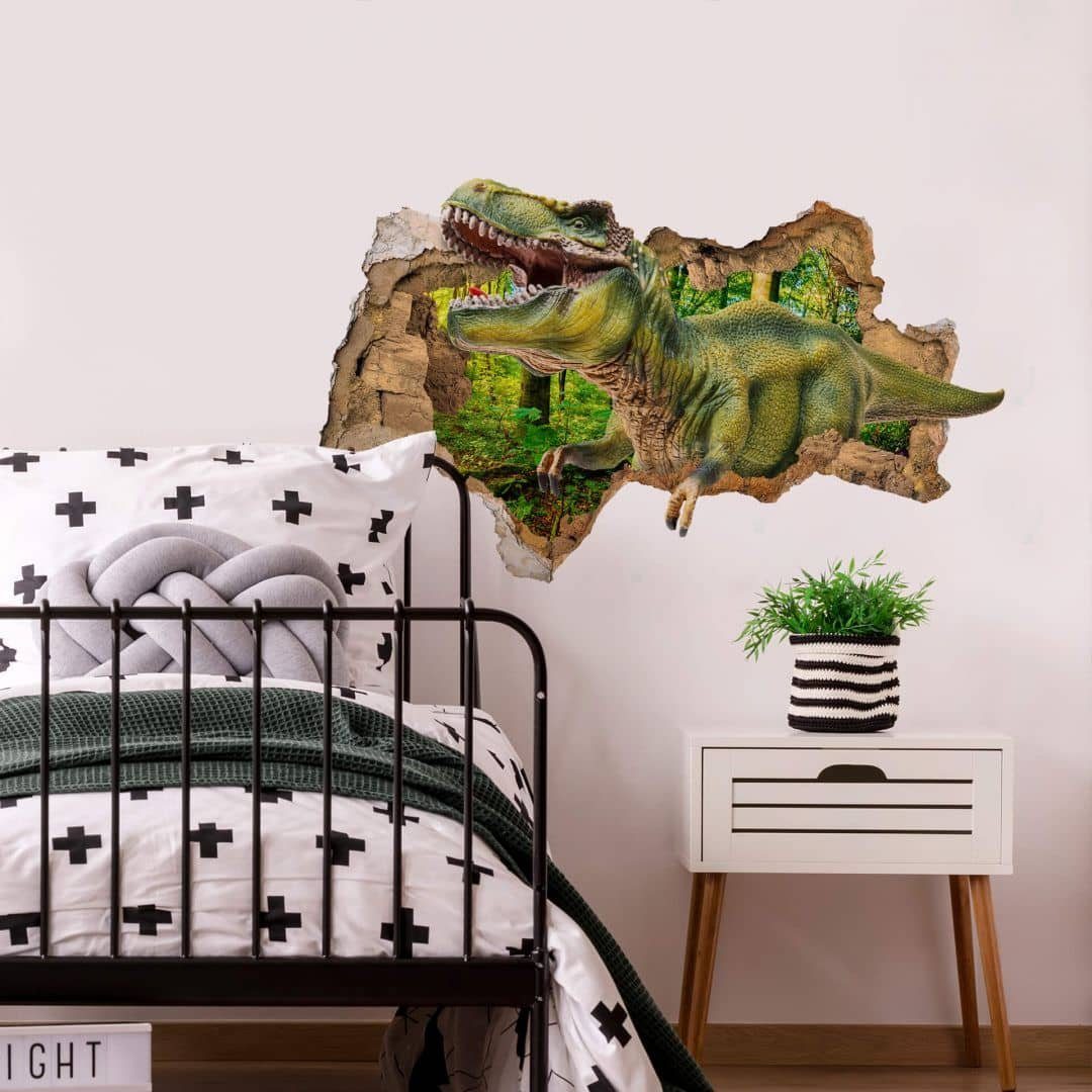 K&L Wall Art Wandtattoo 3D Wandtattoo Kinderzimmer Dinosaurier T-Rex Dino Steinzeit Wald, Mauerdurchbruch Wandbild selbstklebend