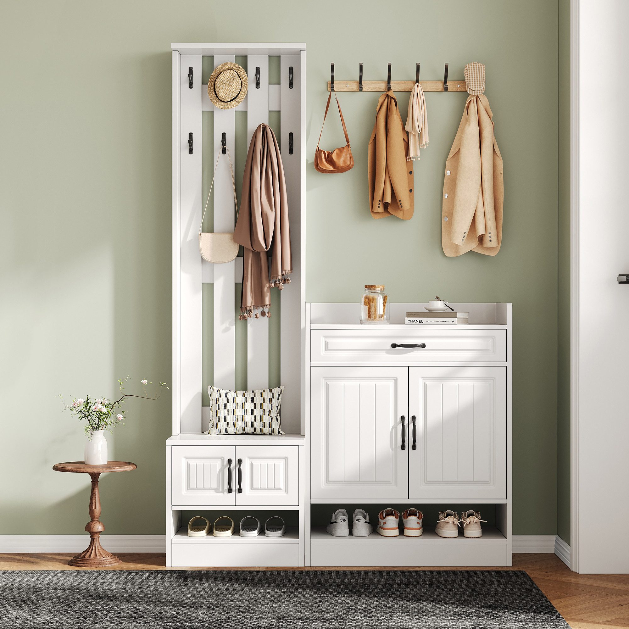 Flieks Garderoben-Set Flurmöbel-Set Schuhschrank Schuhbank Kleiderständer mit 8 Haken, (2-St), Garderobenständer Wandgarderobe Flurschrank Schuhregal Weiß