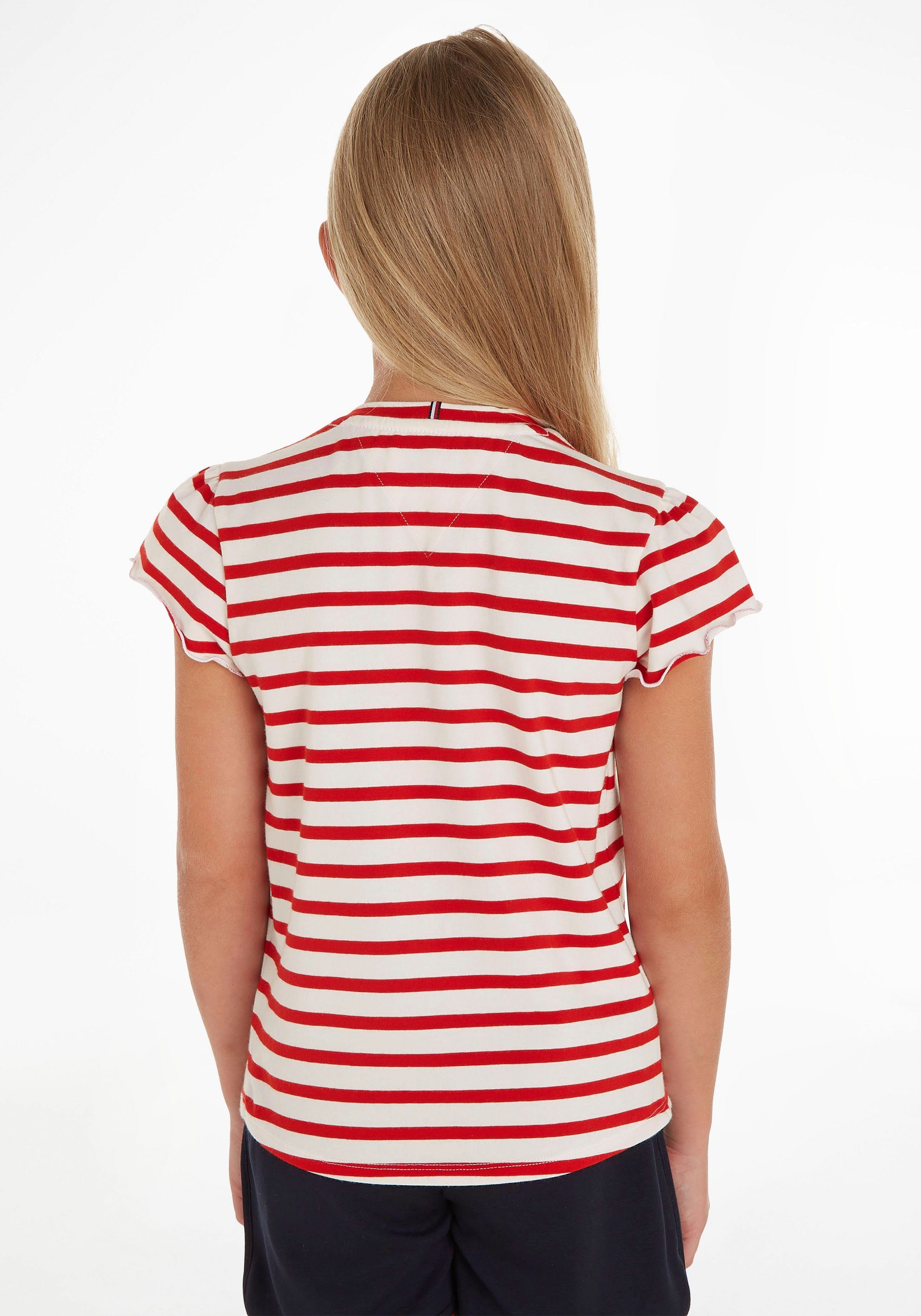 Hilfiger Deep-Crimson-Stripe TOP RUFFLE STRIPED Tommy SLEEVE T-Shirt in Optik S/S gestreifter