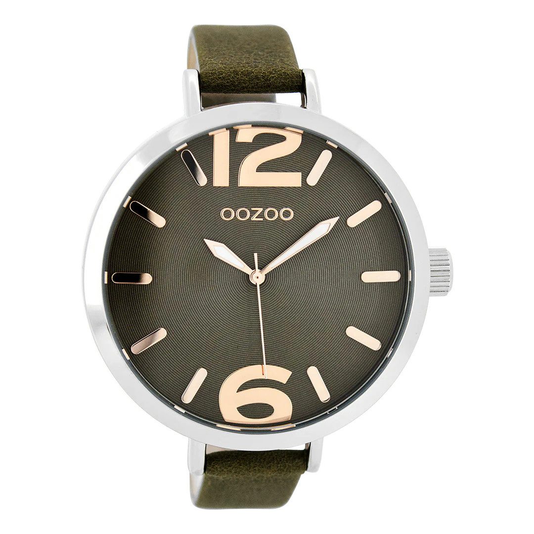 OOZOO Quarzuhr XXL Damenuhr C8723 – 48mm Analoguhr mit braunem Lederarmband, und silberfarbenem Gehäuse für elegante und stilvolle Outfits