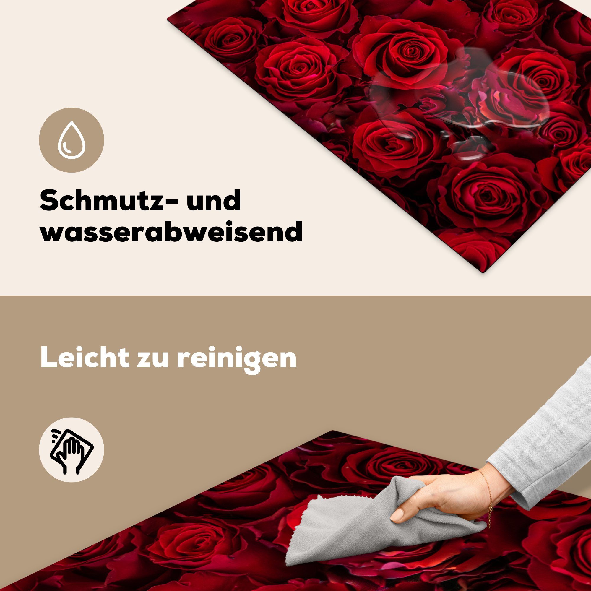 MuchoWow Herdblende-/Abdeckplatte küche, Rosen Induktionskochfeld cm, tlg), - (1 für Vinyl, Ceranfeldabdeckung - Rot, 81x52 Schutz Blumen die