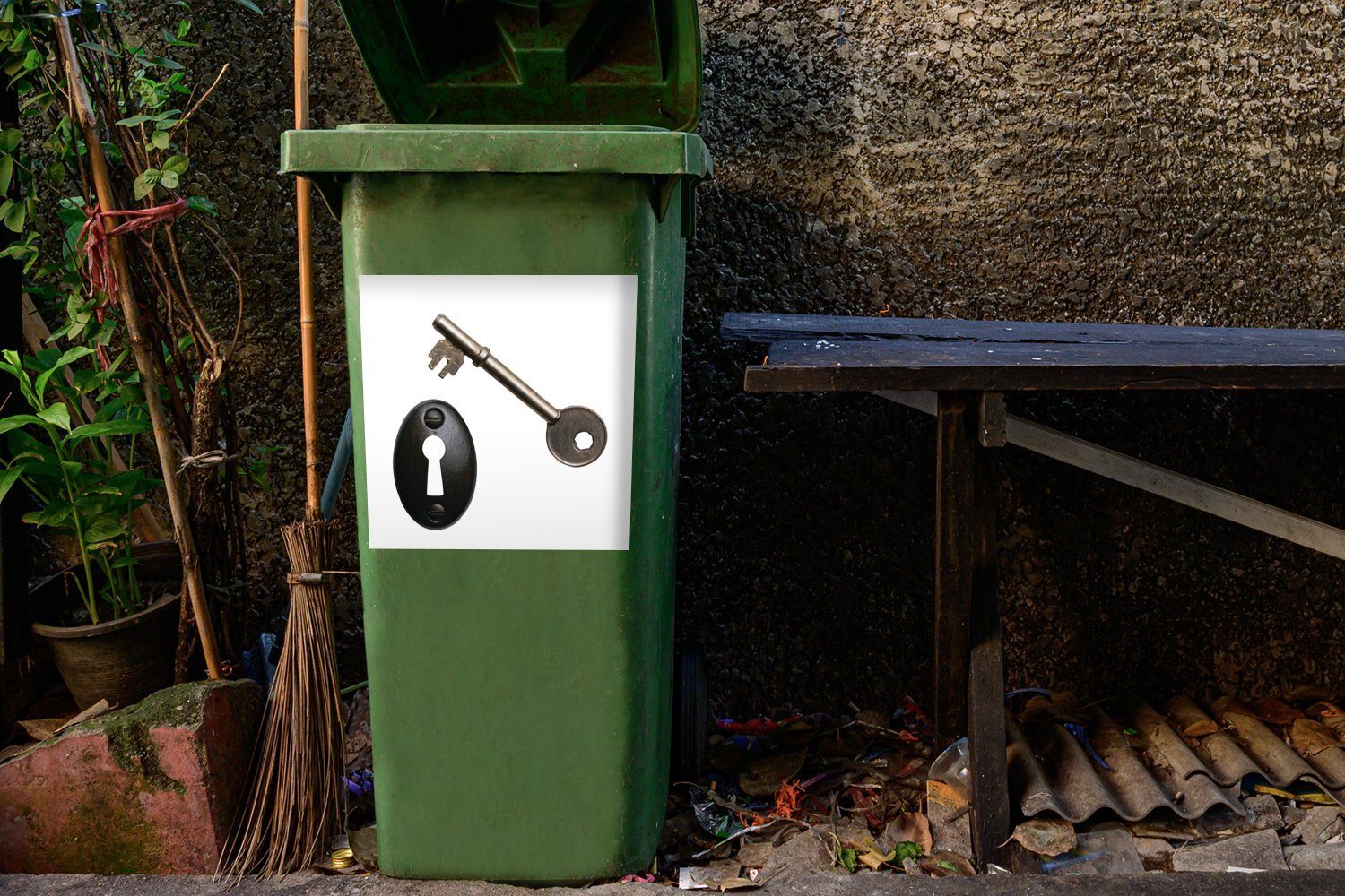 MuchoWow Wandsticker Schlüssel und Schlüsselloch Mülleimer-aufkleber, Mülltonne, (1 St), Container, Sticker, Abfalbehälter