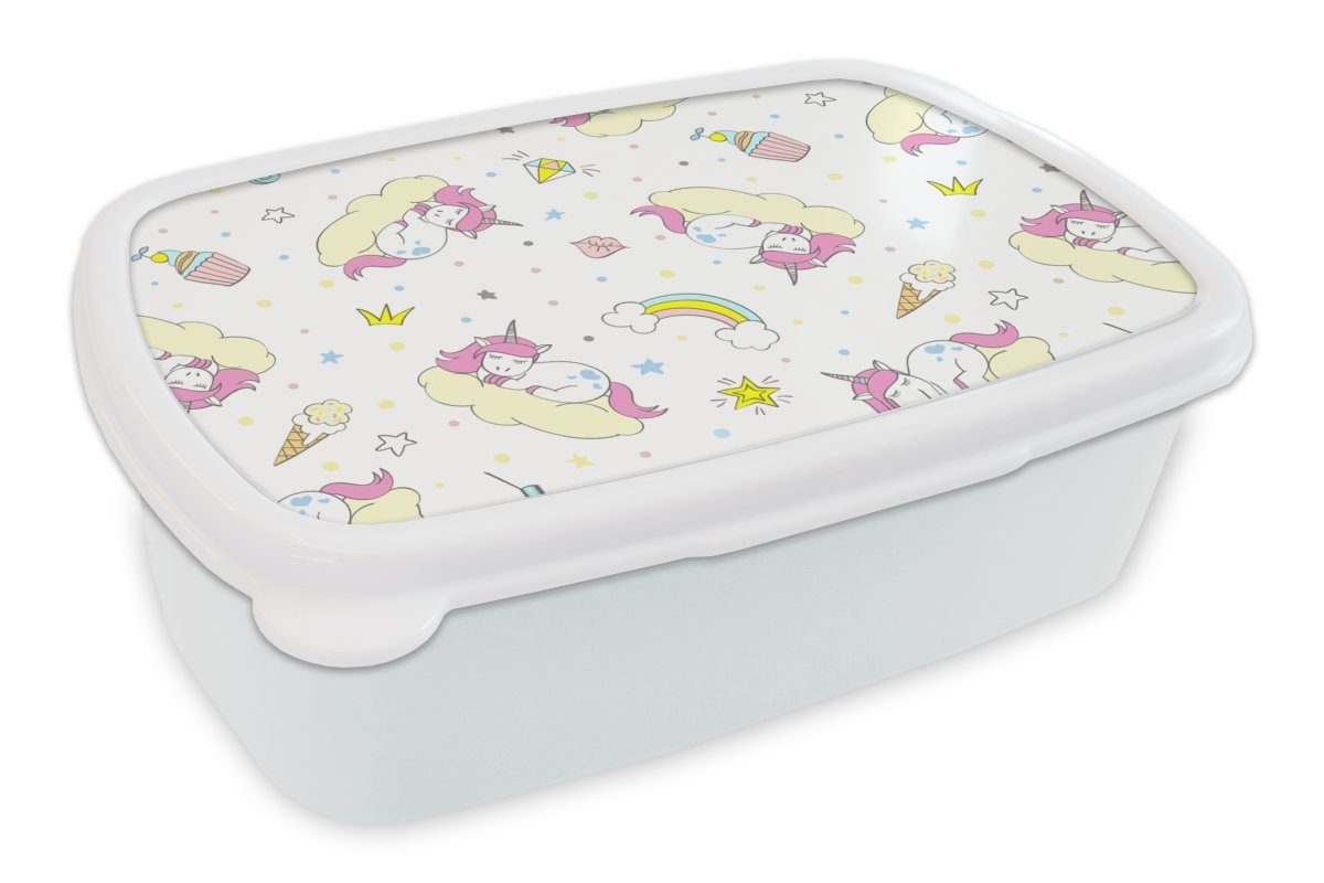 MuchoWow Lunchbox Einhorn - Muster - Regenbogen, Kunststoff, (2-tlg), Brotbox für Kinder und Erwachsene, Brotdose, für Jungs und Mädchen weiß