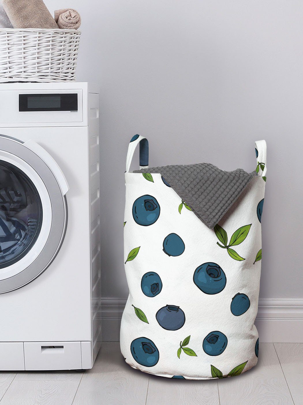 Wäschesäckchen für Kunst Kordelzugverschluss Blätter mit Waschsalons, Obst Blueberry Griffen Abakuhaus Zeichnung Wäschekorb