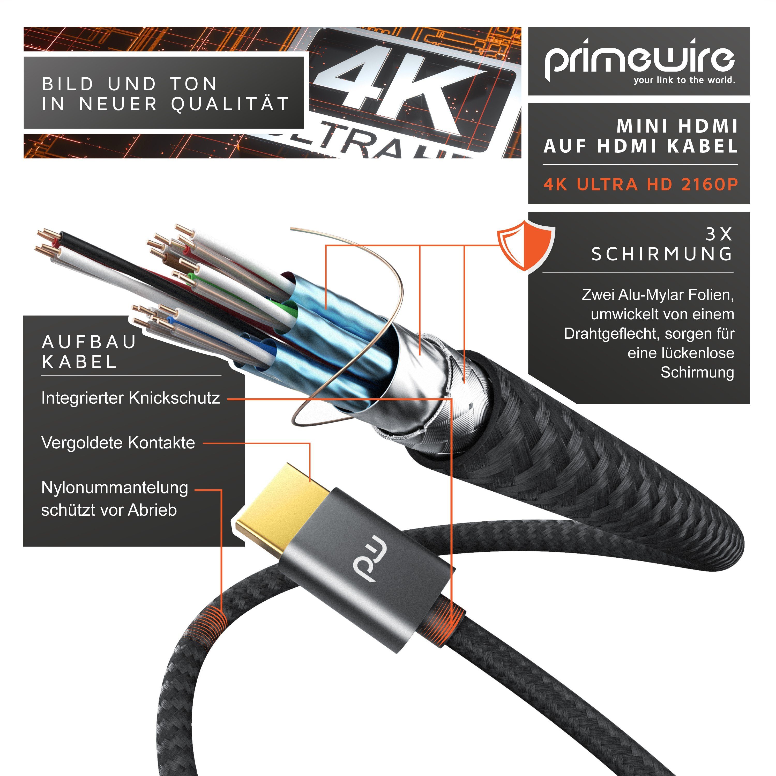 Primewire HDMI-Kabel, HDMI Typ C (Mini), HDMI Typ A (150 cm), 4K HDMI auf Mini HDMI Adapterkabel 3840 x 2160 @ 60 Hz - 1,5m
