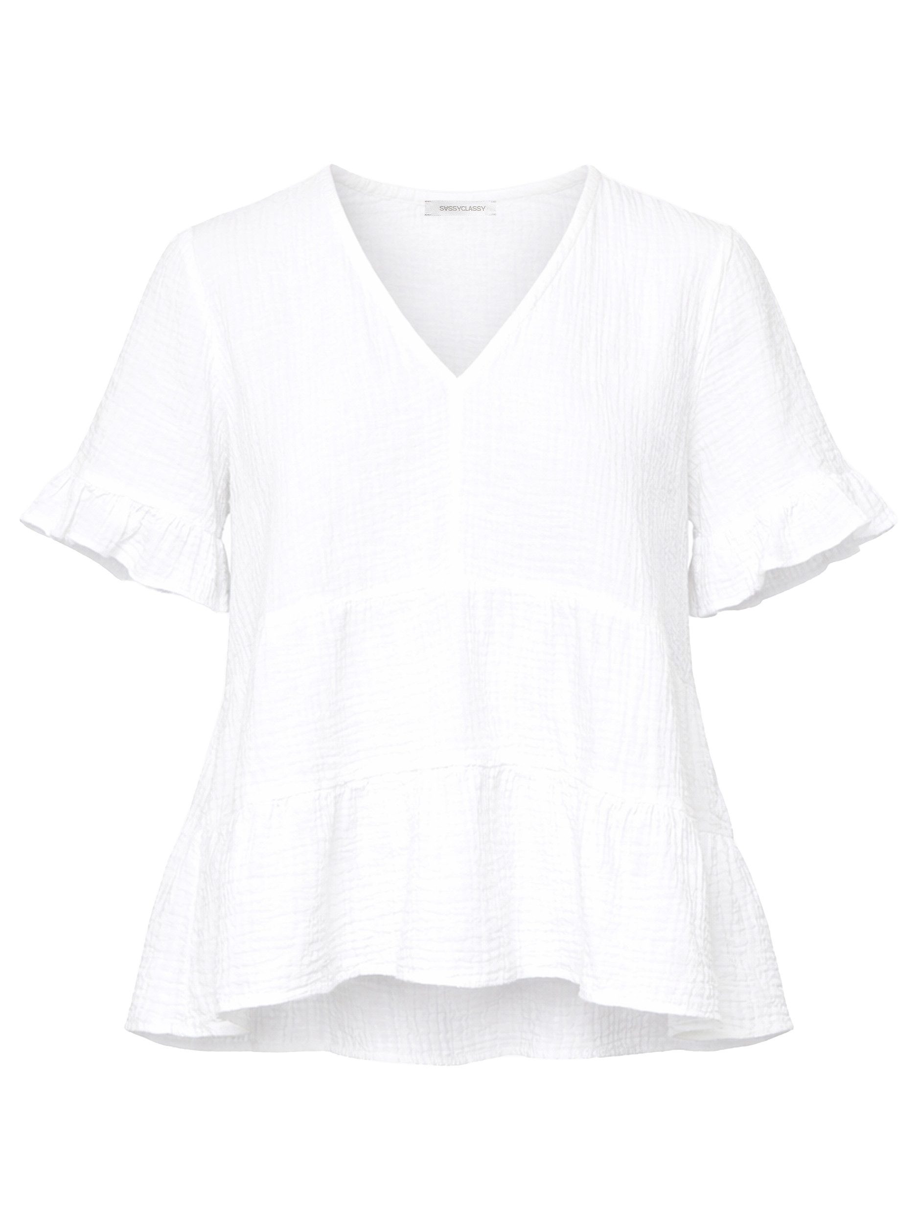 SASSYCLASSY Kurzarmshirt Musselin Shirt mit Volants für Damen Leichtes Baumwolltop mit tiefem V-Ausschnitt im oversized Fit