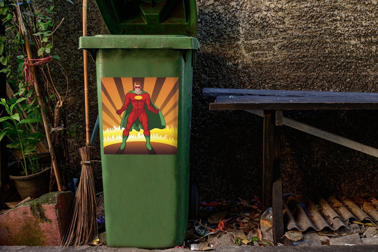eines MuchoWow Jungen - Abfalbehälter (1 Sticker, umgeben Mülleimer-aufkleber, Wandsticker von Illustration Eine - St), Mülltonne, Feuer Container, Superhelden,