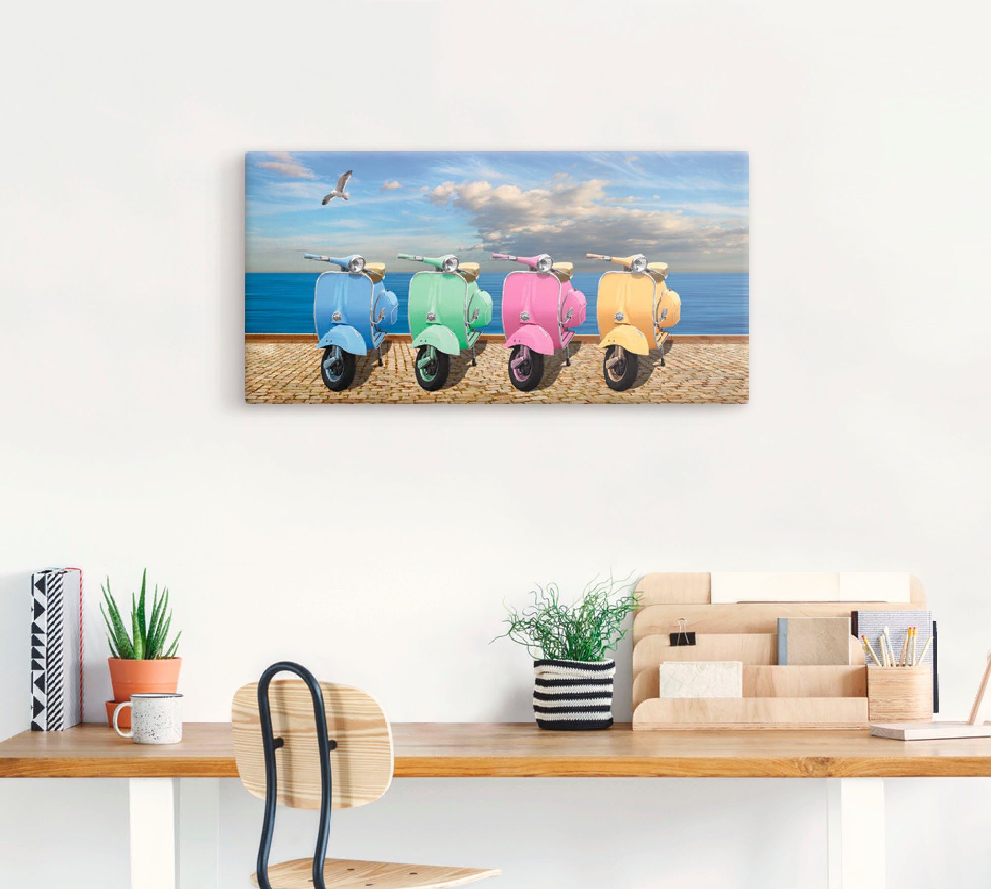 Artland Leinwandbild Vespa-Roller in bunten Farben, Motorräder & Roller (1 St), auf Holzrahmen gespannt