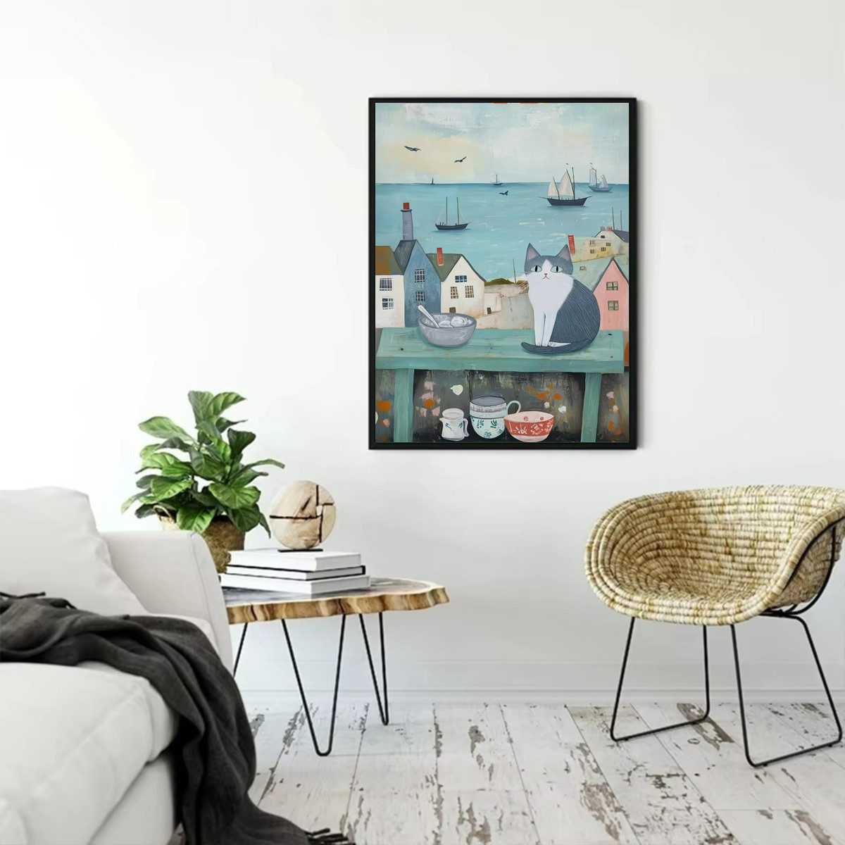 TPFLiving Kunstdruck (OHNE RAHMEN) Poster - Leinwand - Wandbild, Sommerdorf-Musterillustrationsserie Vögel Strand Leinwand (Leinwandbild XXL), Farben: Blau, Weiß, Grün, Schwarz, Gelb, Grau -Größe: 20x30cm