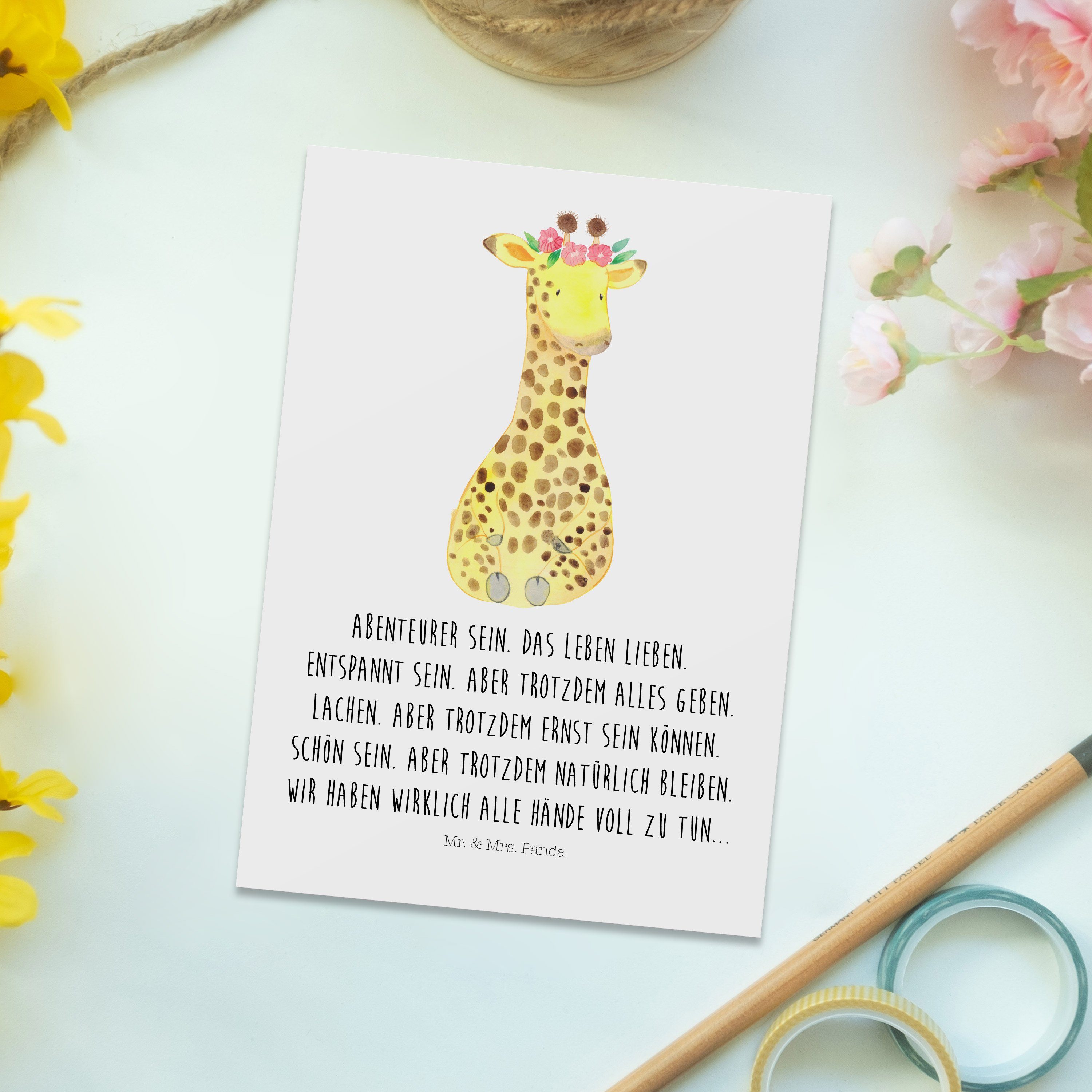 Mr. & Mrs. Panda Postkarte Weiß Giraffe Wildtiere, - Freundin, Einladung Geschenk, Blumenkranz 