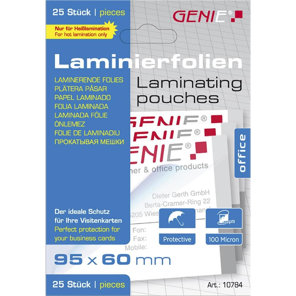 GENIE Laminierfolie 10784 Heißlaminierhüllen 95 x 60 mm, 100 Mikron, 25 Stück, Schmutzschutz, abwaschbar, wasserbeständig, zuschneidbar