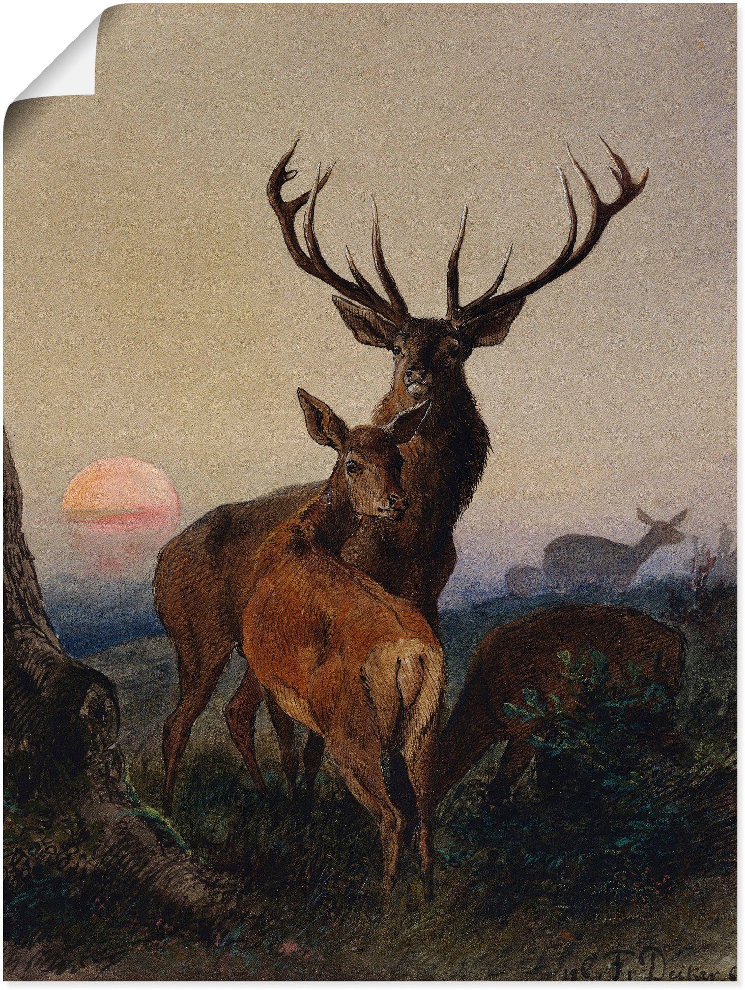 versch. St), Reh und Sonnenuntergang, Poster Hirsch bei als Leinwandbild, (1 Größen Wandaufkleber ein Artland Wildtiere Wandbild in oder