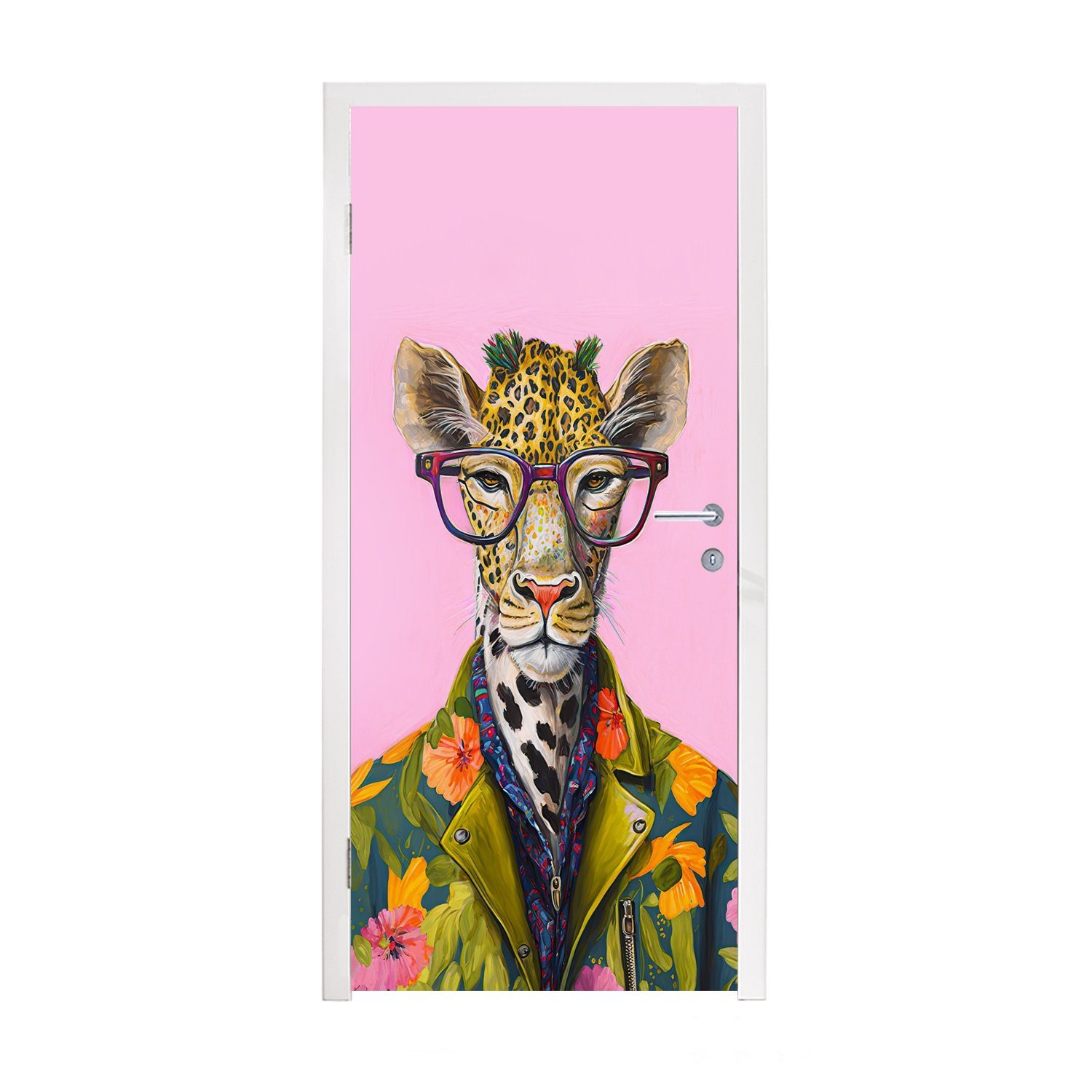 MuchoWow Fototapete St), Türaufkleber, (1 Türtapete 75x205 Giraffe - - - Tür, Blumen, Brille Tiere bedruckt, Matt, cm für