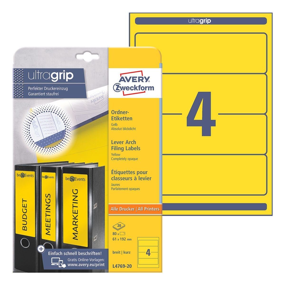 Avery Zweckform Etiketten L4769-20, 80 Stück, kurz/breit (61x192 mm), selbstklebend, blickdicht