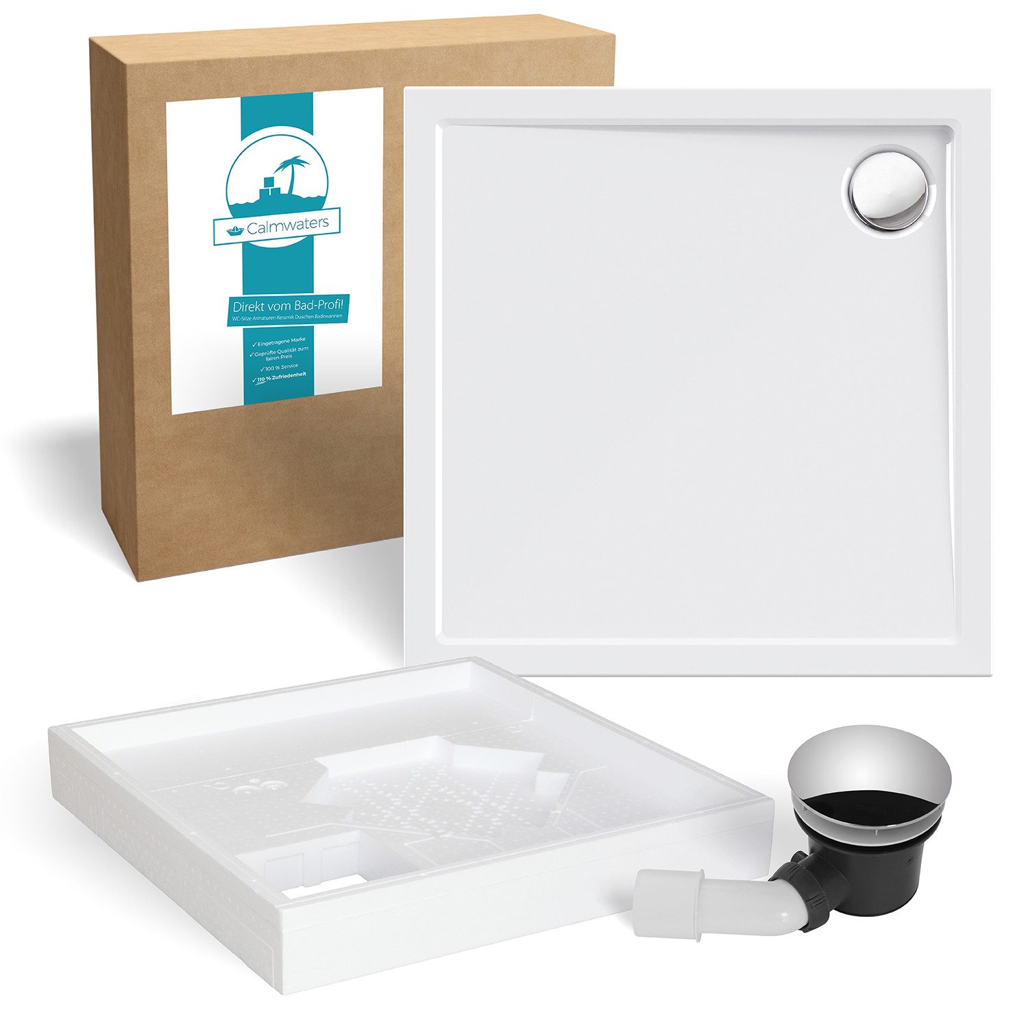 Calmwaters Duschwanne Modern Select, quadratisch, Acryl, 3-St., Komplettset Dusche, Wannenträger, Ablaufgarnitur, 90 x 90 x 2,5 cm, Weiß, 99000120