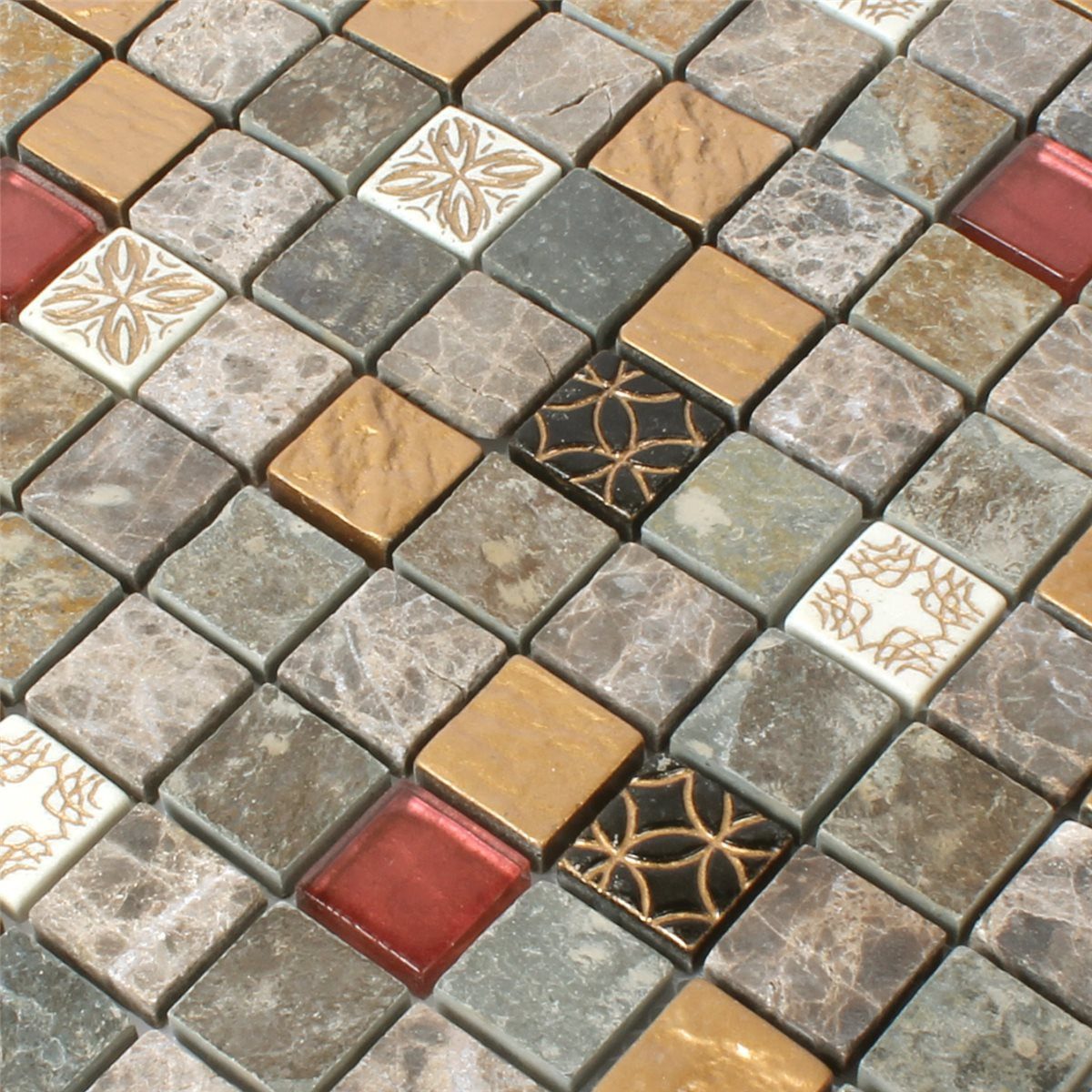 Mosafil Mosaikfliesen Mosaikfliesen Glas Naturstein Mix 23x23x8mm, Naturstein-Resin-Glas-Marmor 30.000x30.000, weiß-schwarz-gold-rot-beige-braun, Wasserfest